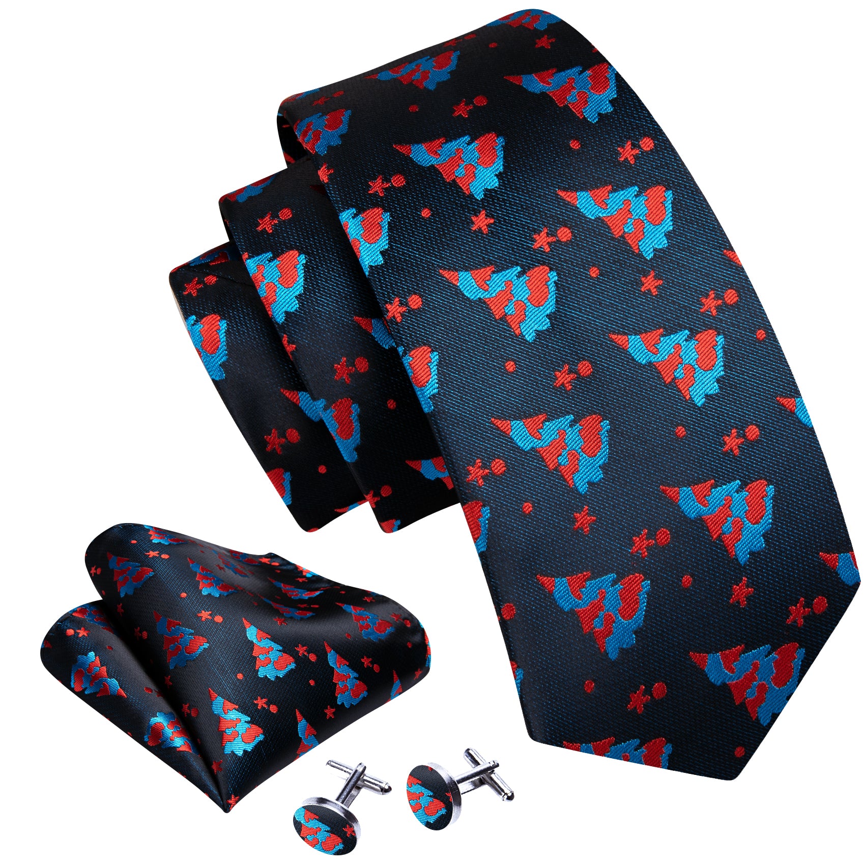 Barry.wang Christmas Tie Men's Black Blue Neckties Jacquard Tie Hanky Cufflinks