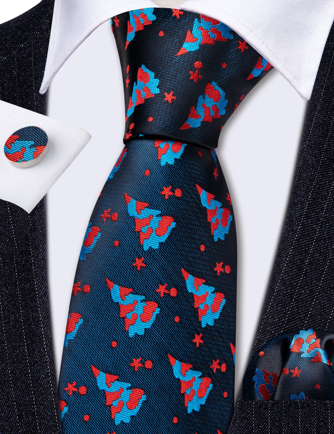 Barry.wang Christmas Tie Men's Black Blue Neckties Jacquard Tie Hanky Cufflinks