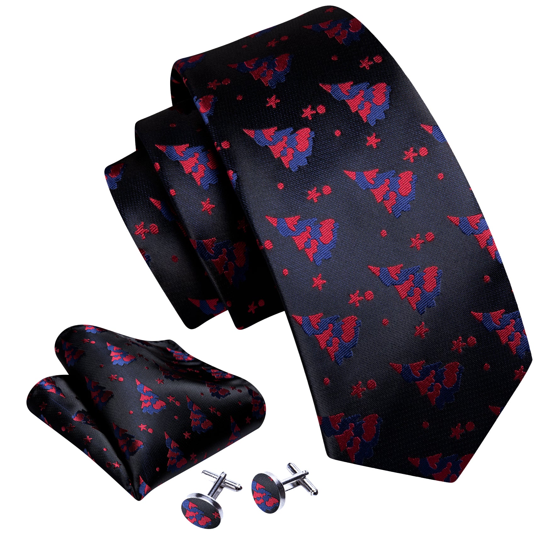 Men's Black Red Christmas Neckties Jacquard Tie Hanky Cufflinks