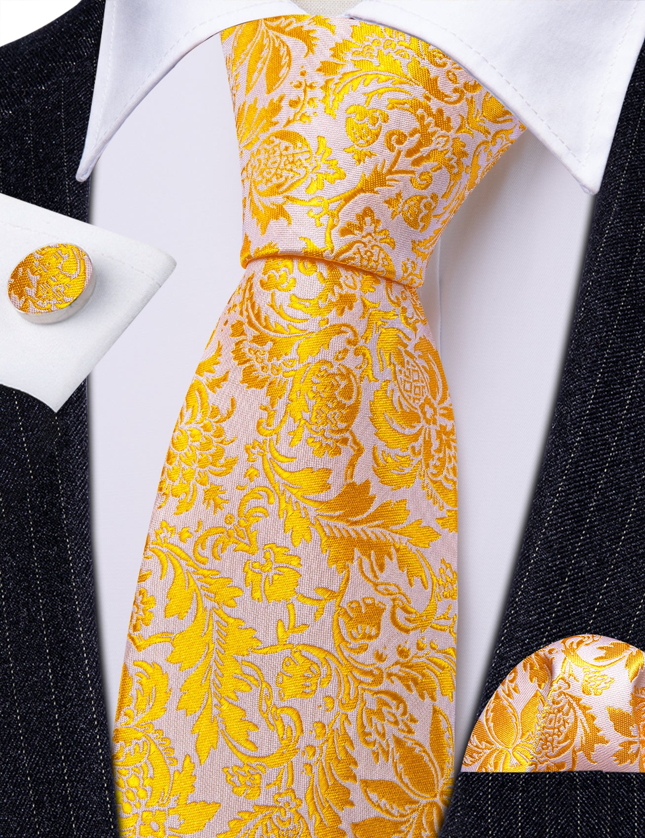 Yellow White Floral  Silk Tie Handkerchief Cufflinks Set