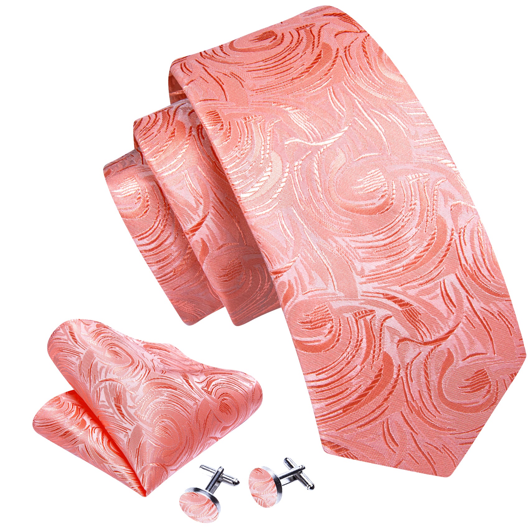 Light Coral Paisley Silk Tie Handkerchief Cufflinks Set