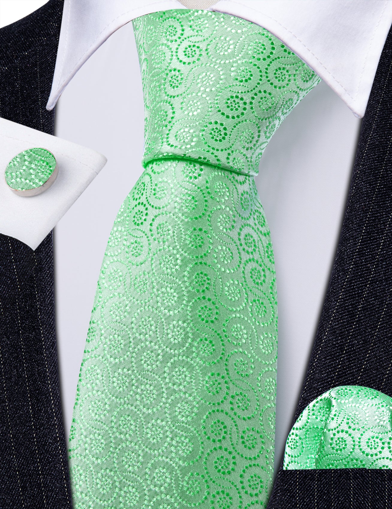 Light Green Tie Novetly Green Floral Silk Tie Handkerchief Cufflinks Set
