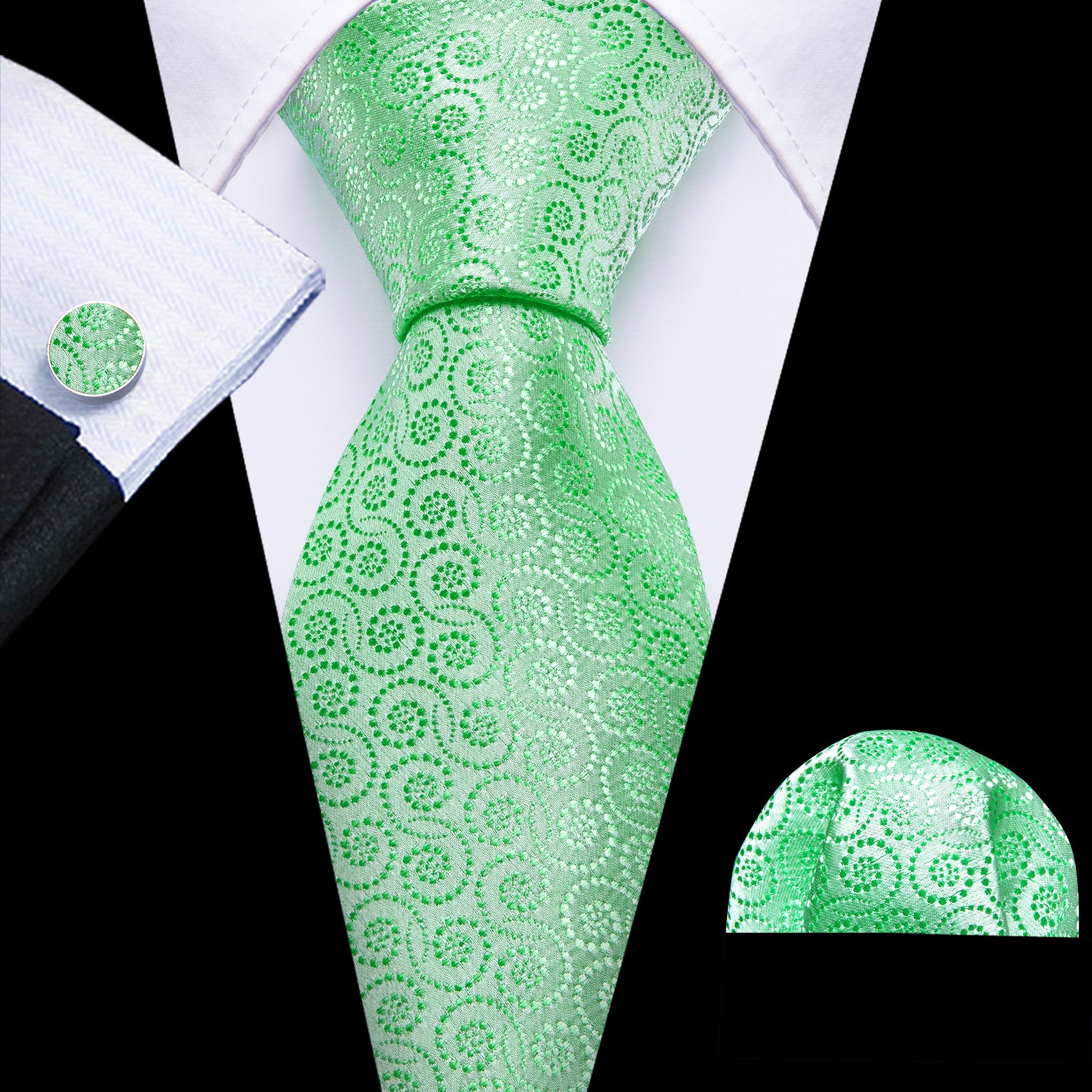 Novetly Green Floral Silk Tie Handkerchief Cufflinks Set