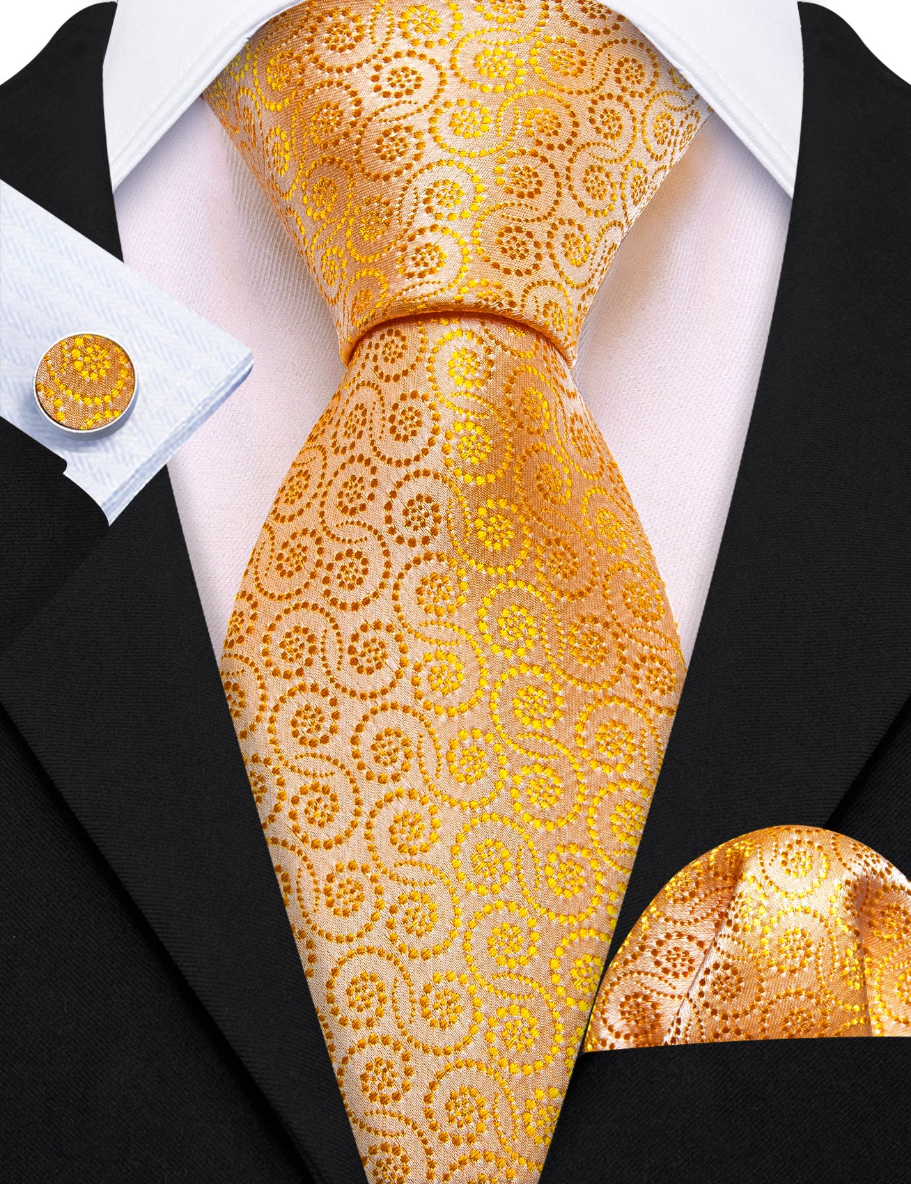 Novetly Gold Yellow Floral Silk Tie Handkerchief Cufflinks Set
