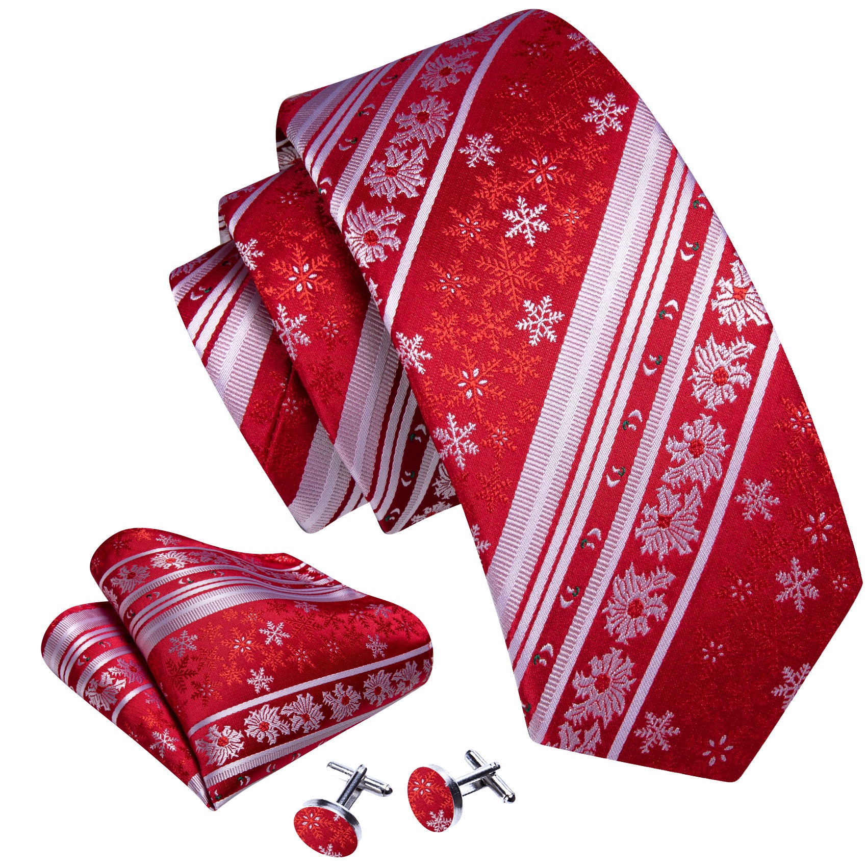 Christmas Red White Xmas Snowflake Pattern Mens Tie Hanky Cufflinks Set
