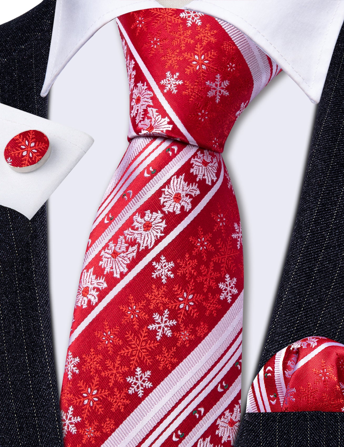 Christmas Red White Xmas Snowflake Pattern Mens Tie Hanky Cufflinks Set