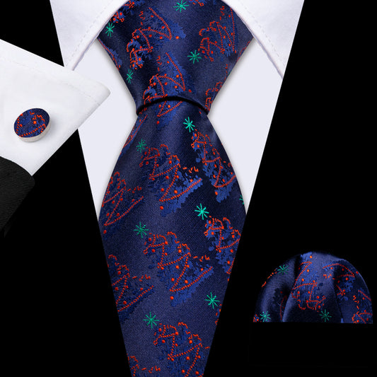 Christmas Xmas Tree Pattern Mens blue Tie Hanky Cufflinks Set