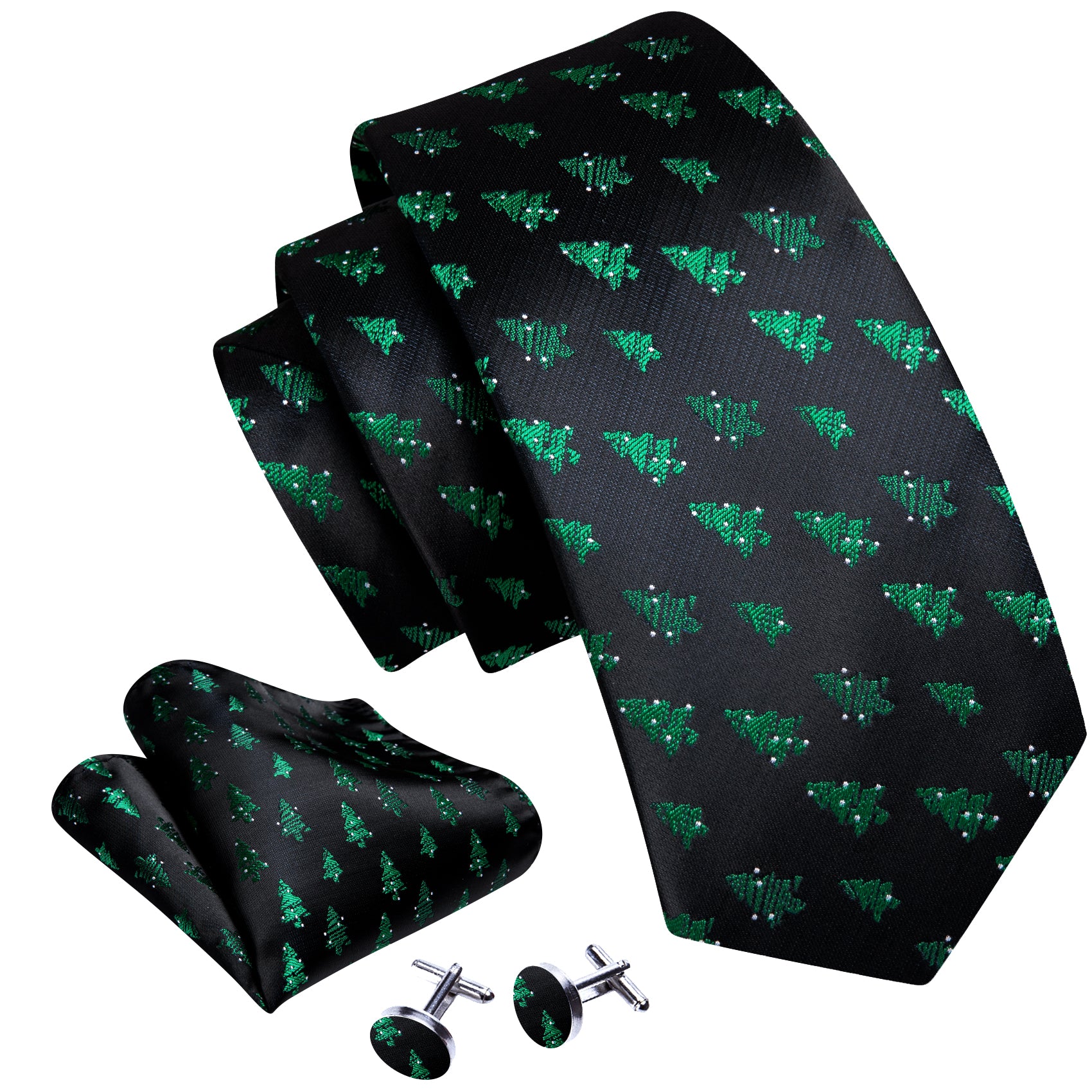 Christmas Black Green Xmas Tree Pattern Mens Tie Hanky Cufflinks Set