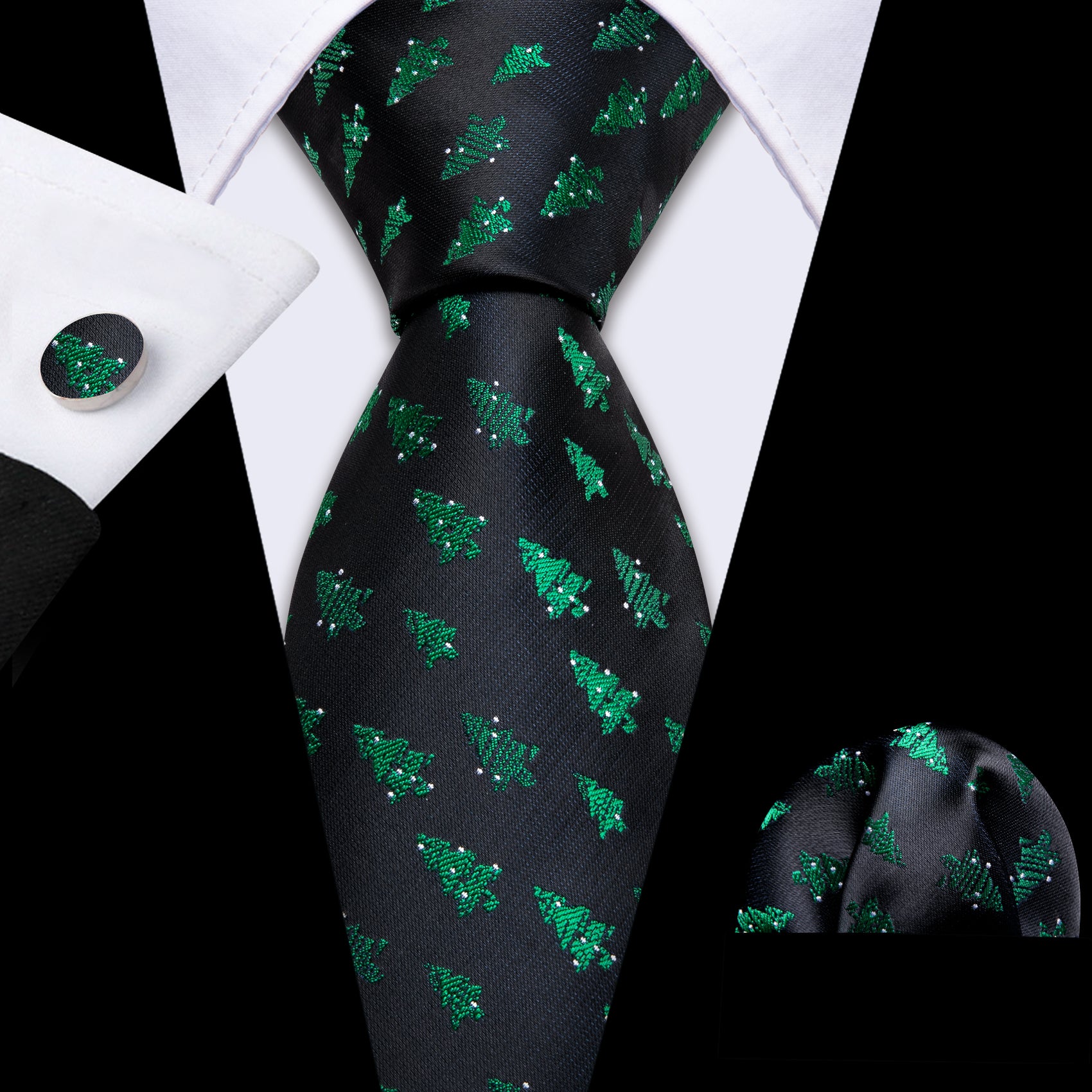 Barry Wang Christmas Black Green Xmas Tree Pattern Mens Tie Hanky Cufflinks Set