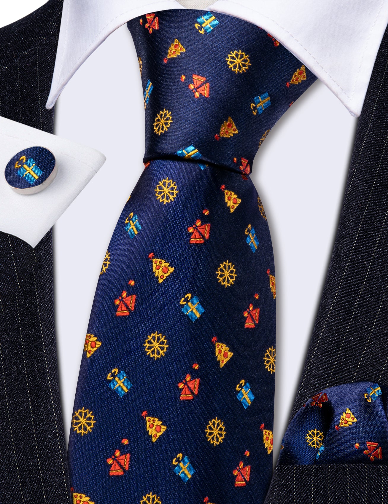 Christmas Blue Pattern Mens Tie Hanky Cufflinks Set