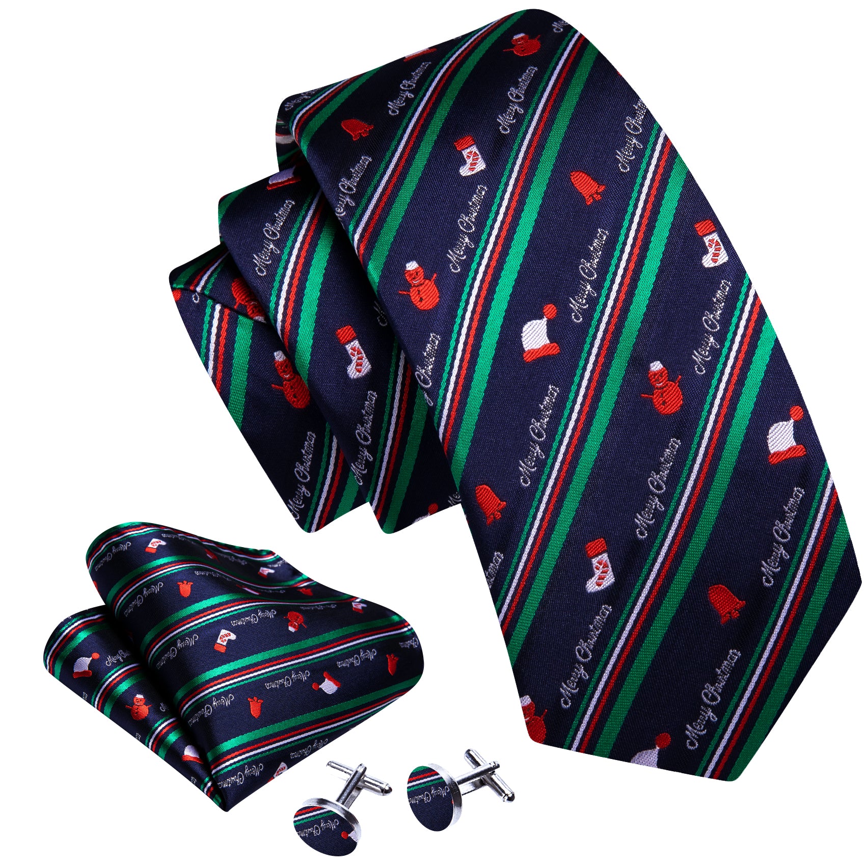 Christmas Blue Santa Hat Pattern Mens Tie Hanky Cufflinks Set
