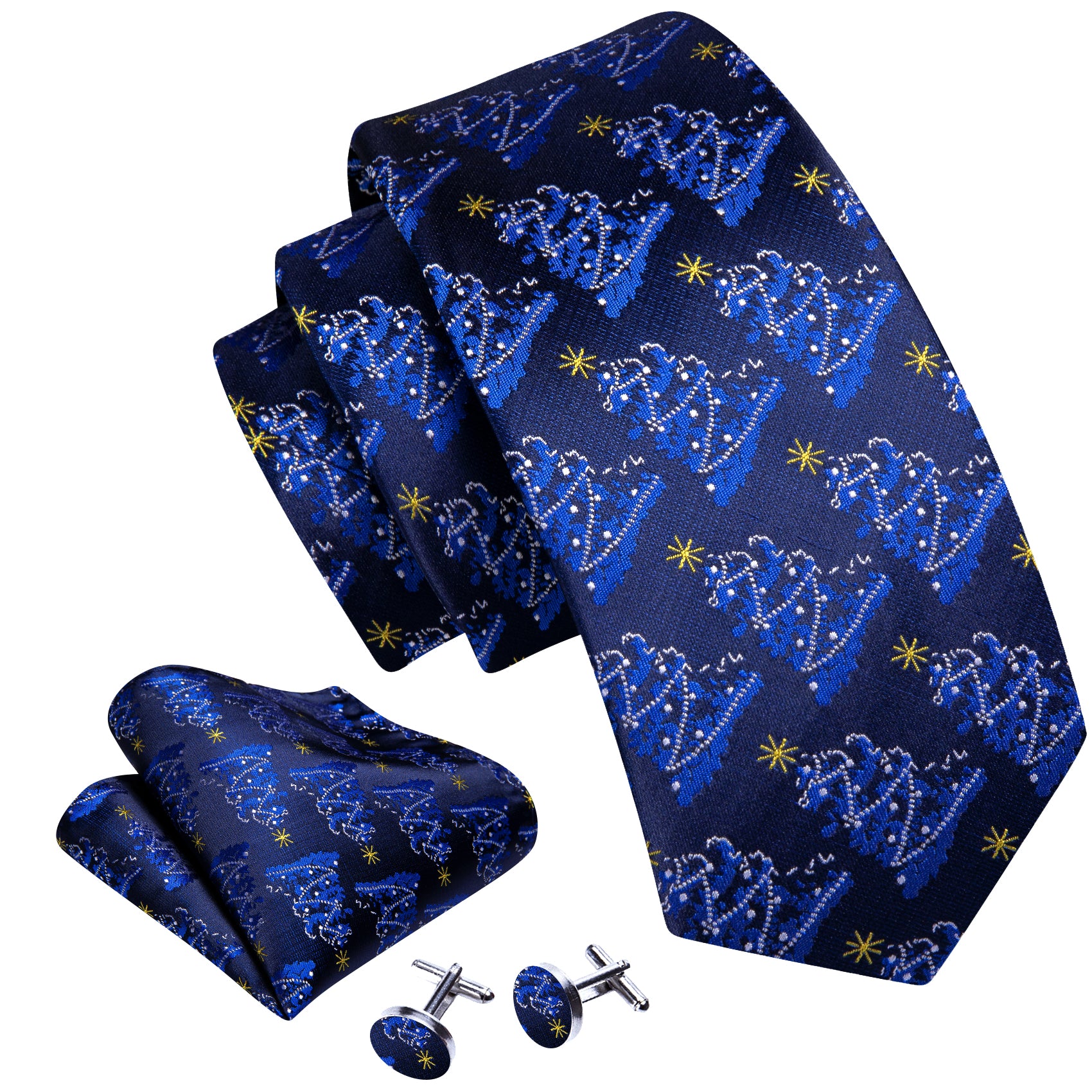 Blue Christmas Tree Pattern Mens Tie Hanky Cufflinks Set