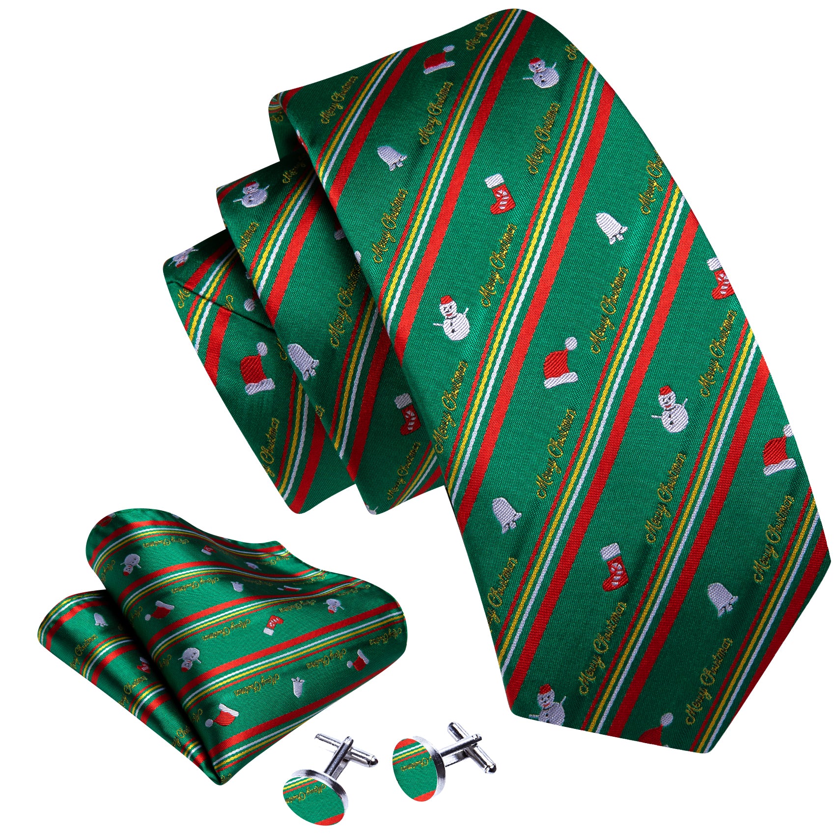 Barry Wang Christmas Tie Green Red Snowman Pattern Men's Tie Hanky Cufflinks Set