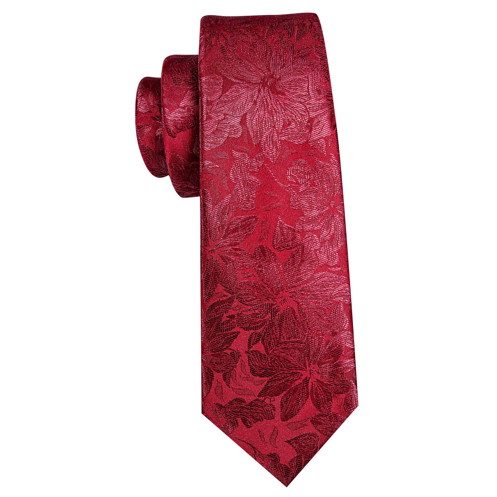 Dark Red Flower Silk Tie Handkerchief Cufflinks Set
