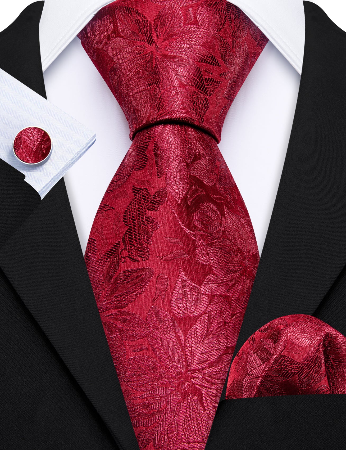 Dark Red Flower Silk Tie Handkerchief Cufflinks Set