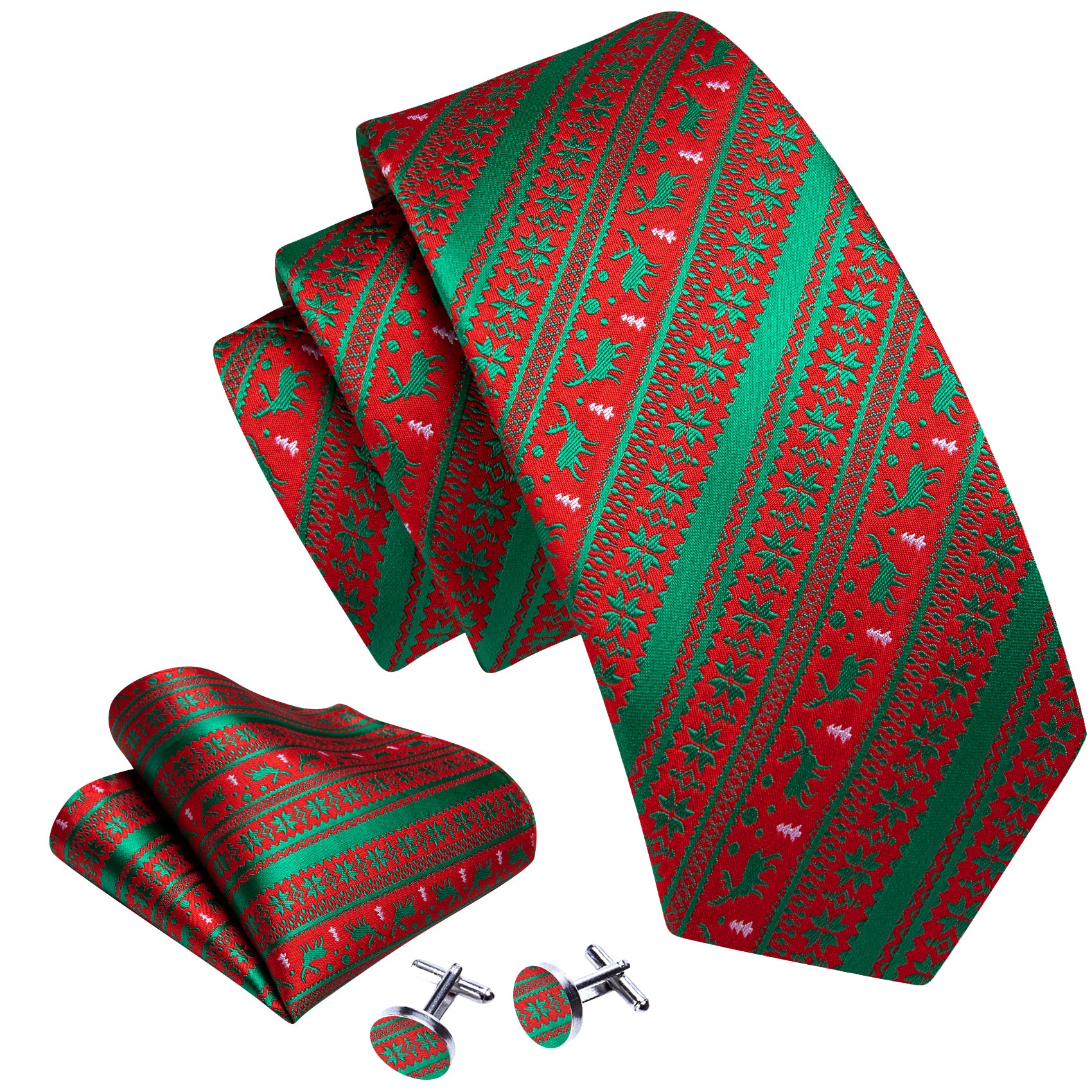 Barry Wang Green Red Christmas Elk Pattern Mens Tie Hanky Cufflinks Set