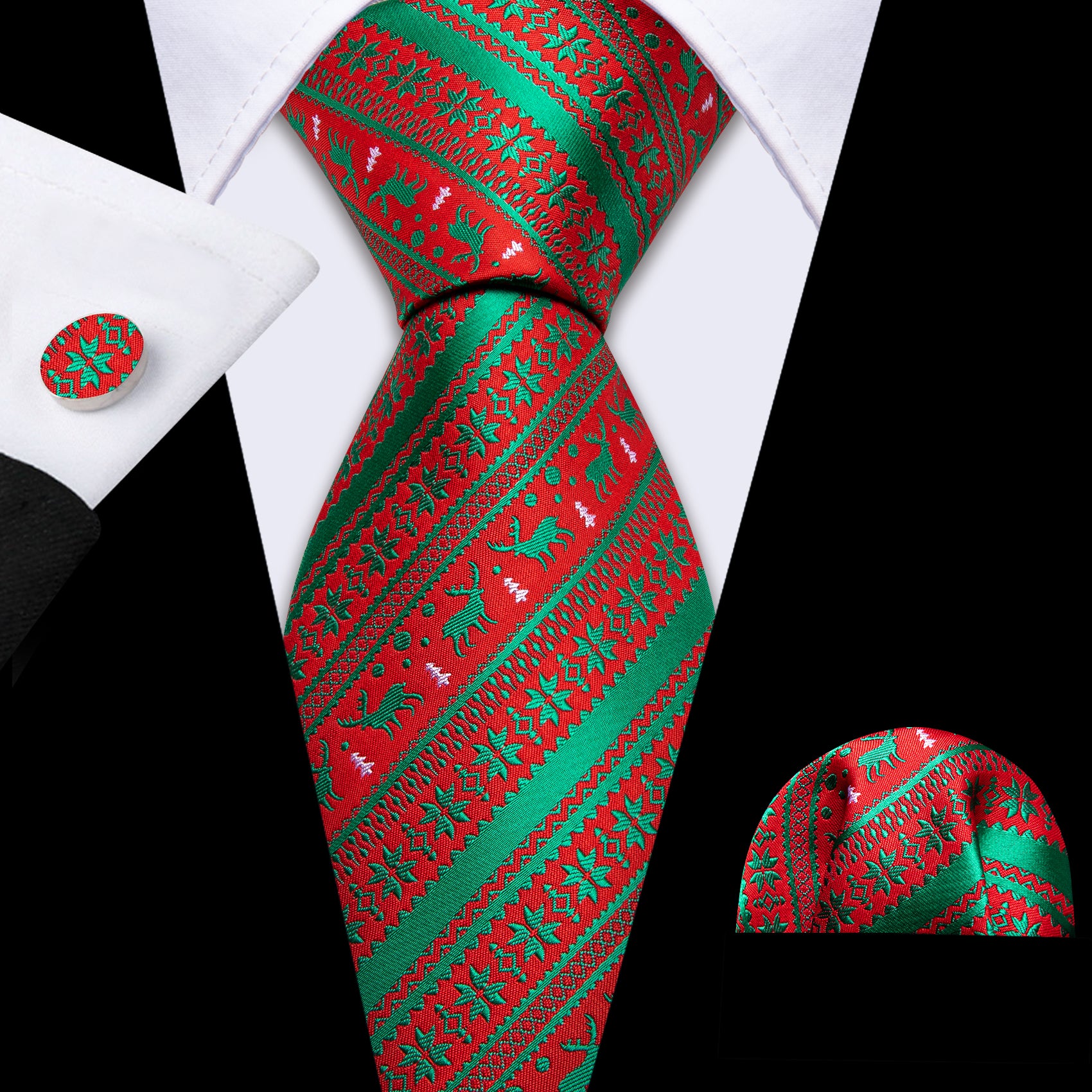 Green Red Christmas Elk Pattern Mens Tie Hanky Cufflinks Set