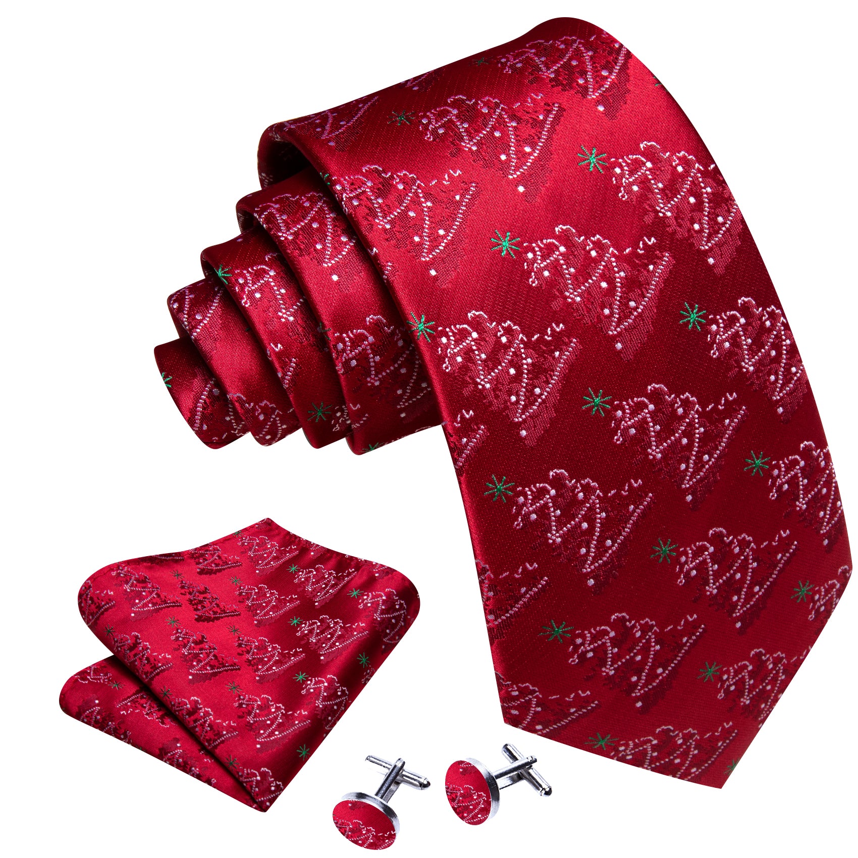 Barry.Wang Red Tie Christmas Xmas Tree Men's Silk Tie Hanky Cufflinks Set