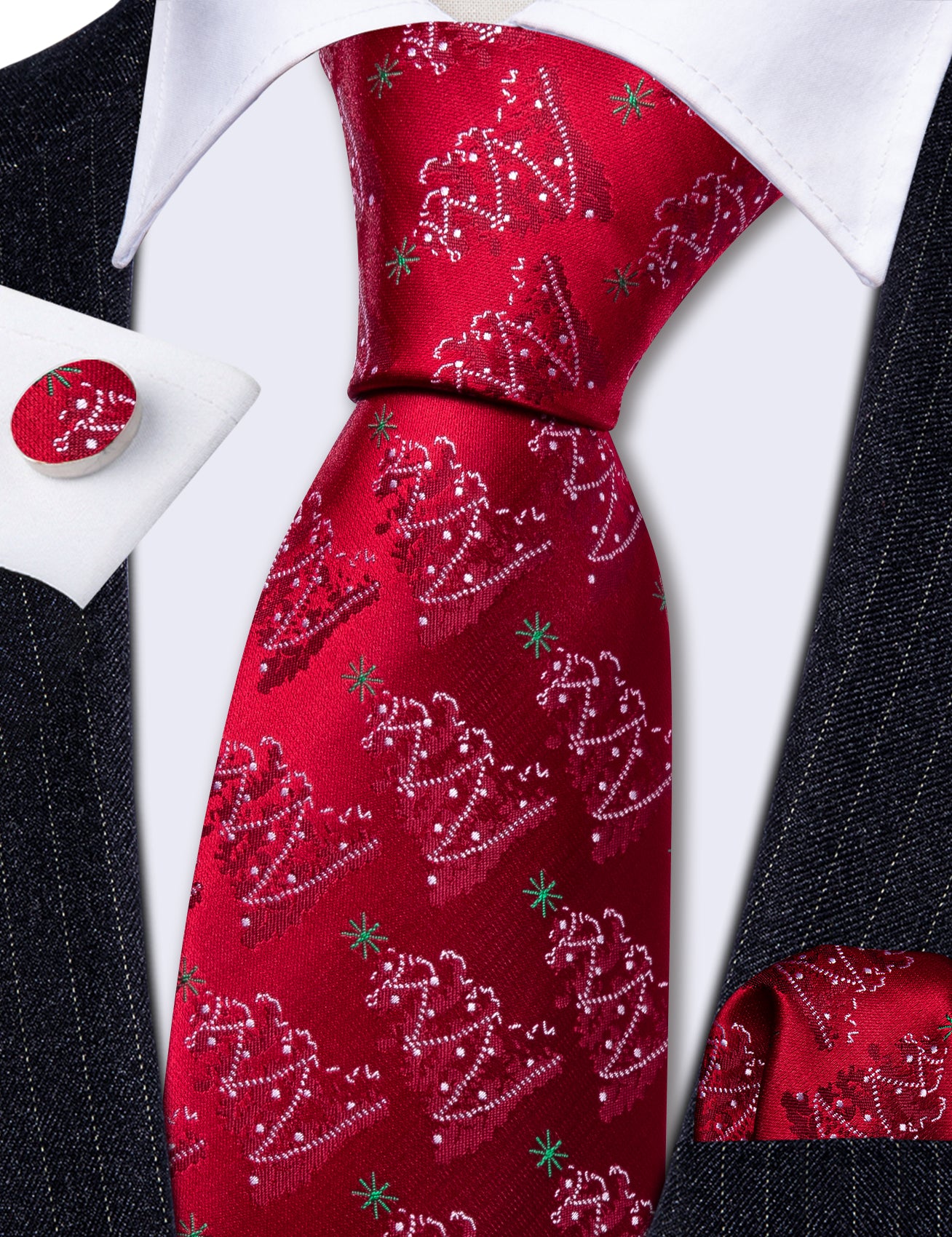 Barry.Wang Red Tie Christmas Xmas Tree Men's Silk Tie Hanky Cufflinks Set