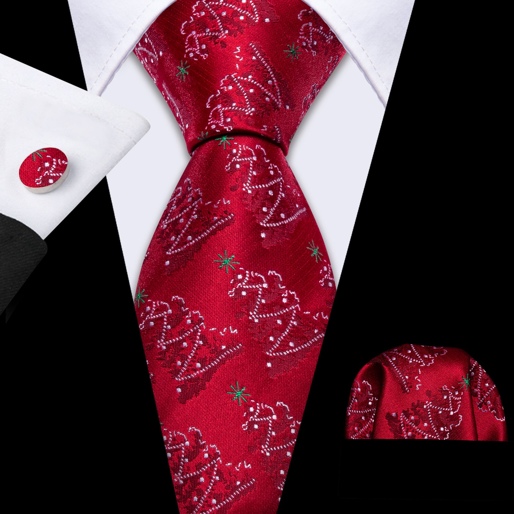 Red Tie Christmas Xmas Tree Men's Silk Tie Set