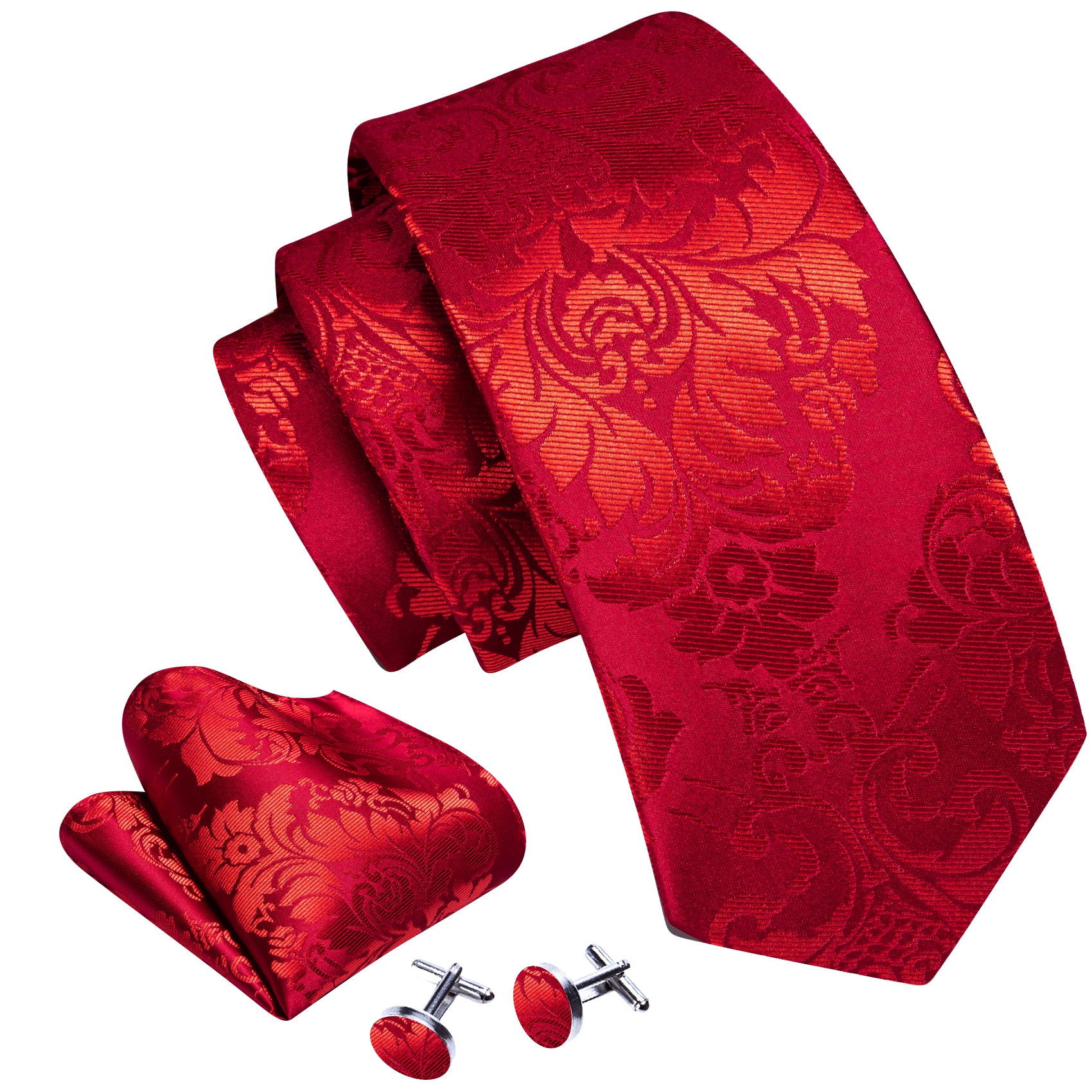 Barry.wang Red Tie Bright Floral Men's Silk Tie Hanky Cufflinks Set