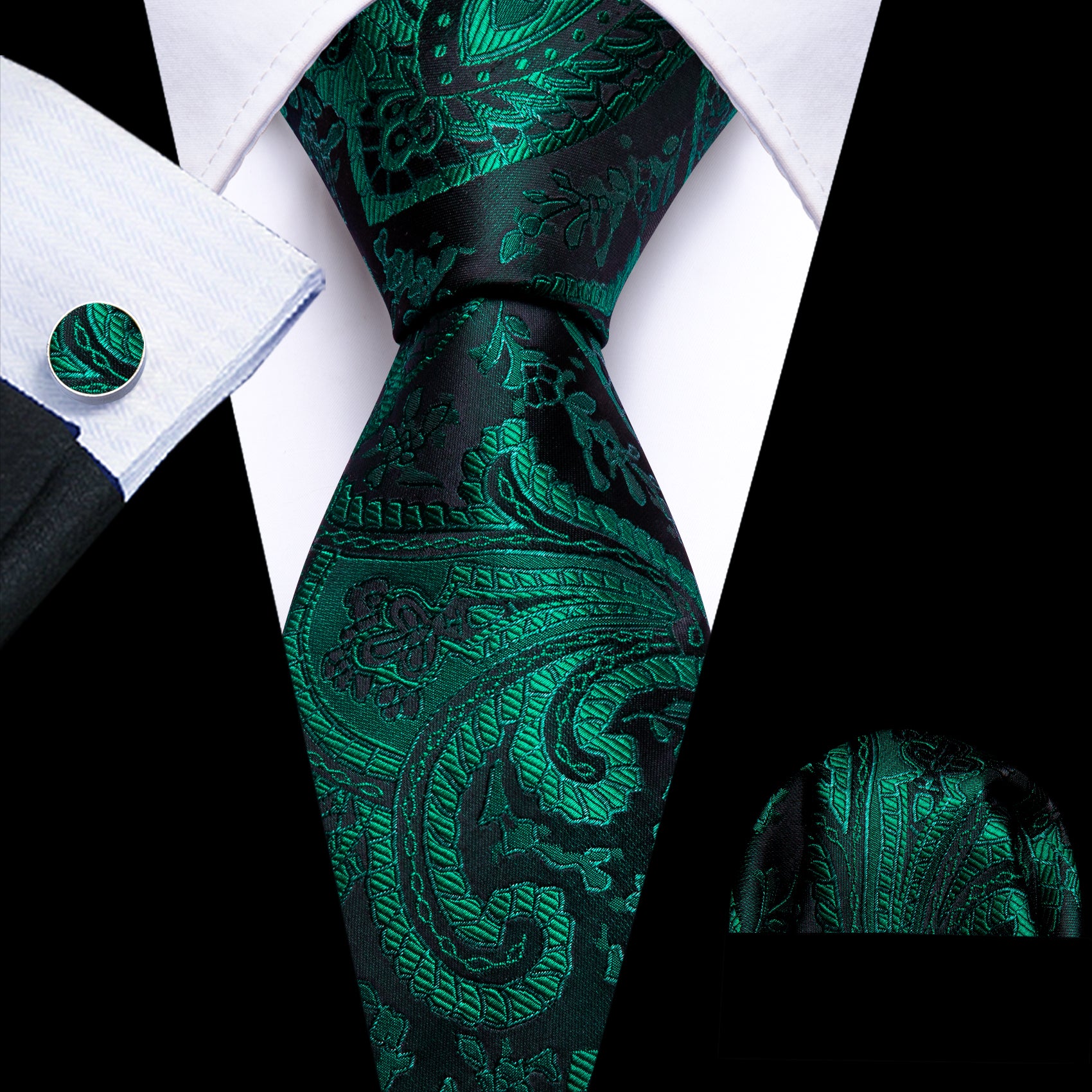 Green Tie Paisley Jacquard Silk Tie Handkerchief Cufflinks Set