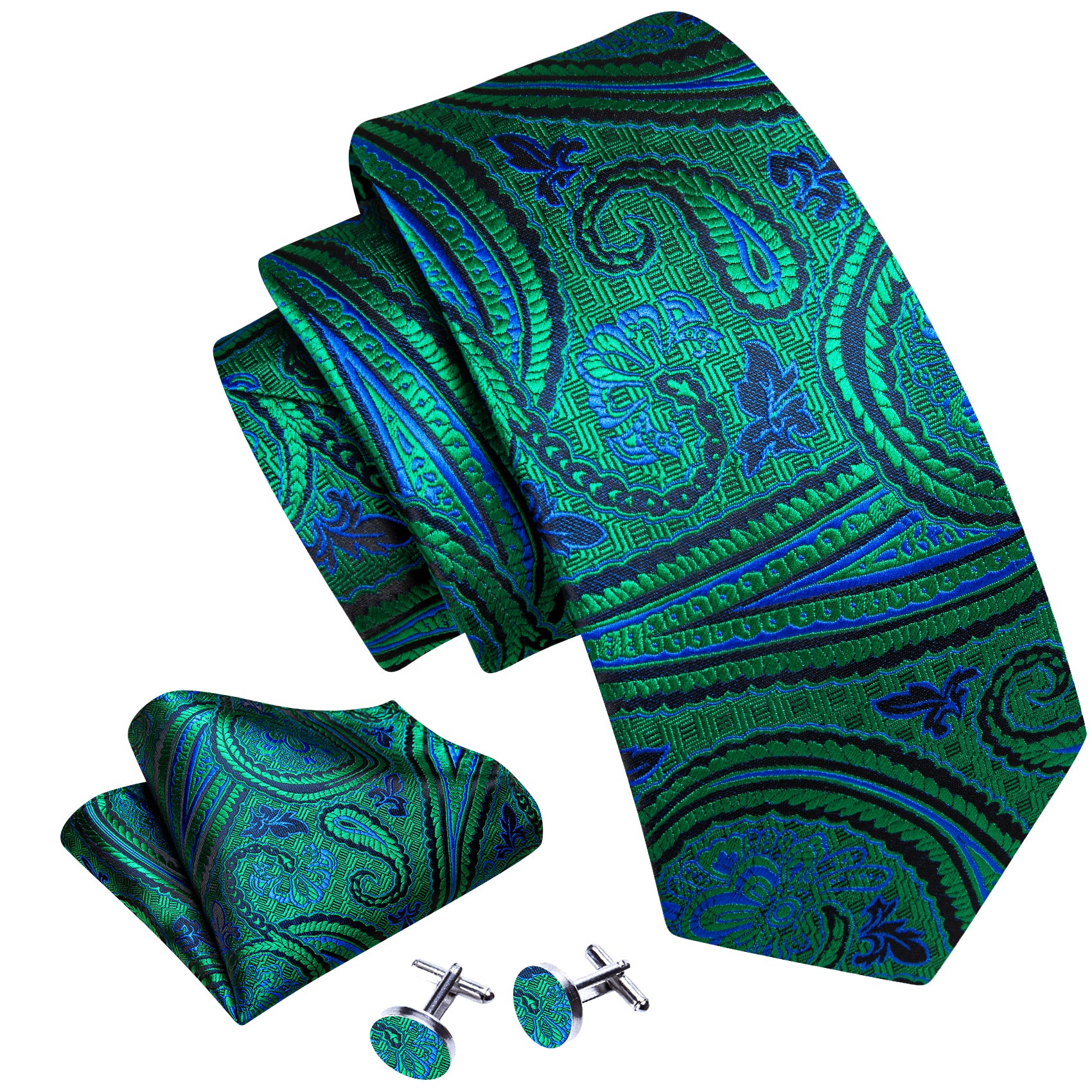 Classy Teal Blue Paisley Silk Tie Handkerchief Cufflinks Set