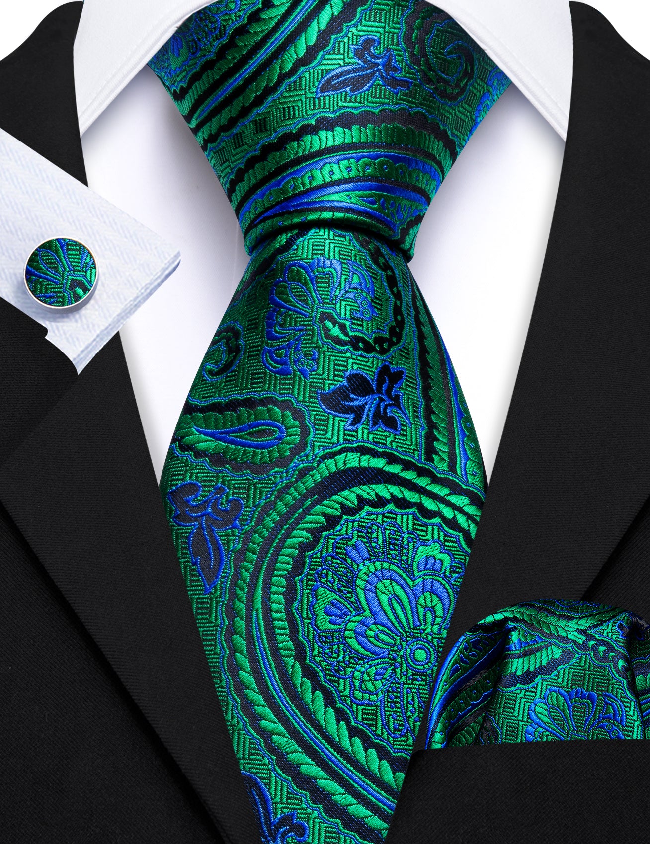 Barry. Wang Green Tie Classy Teal Blue Paisley Tie Hanky Cufflinks Set