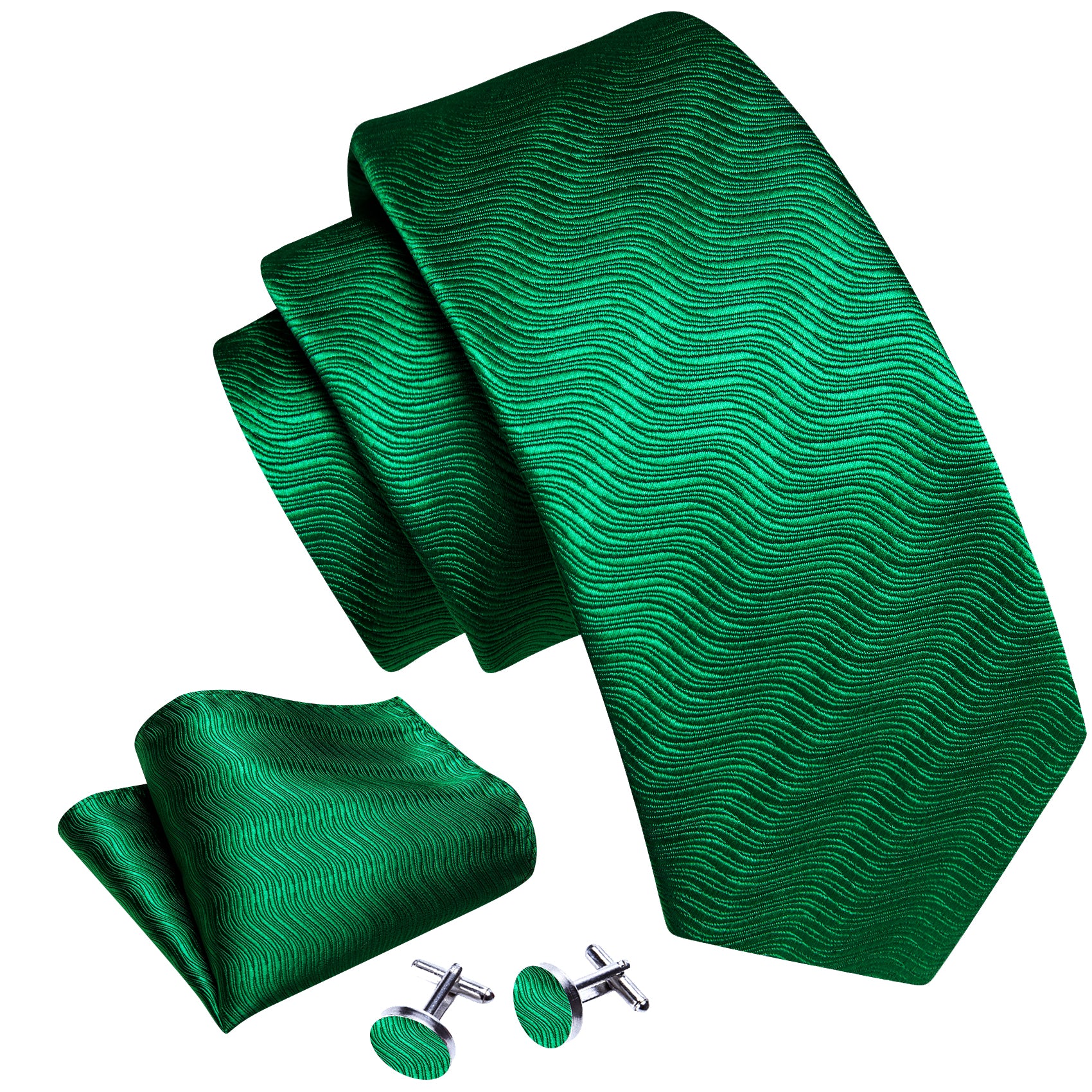 Dark Green Solid Silk Tie Handkerchief Cufflinks Set Formal