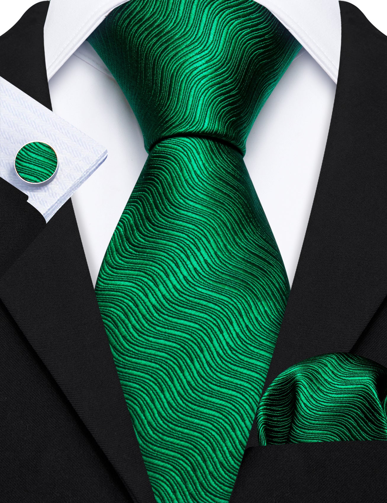 Green Solid Silk Tie Handkerchief Cufflinks Set