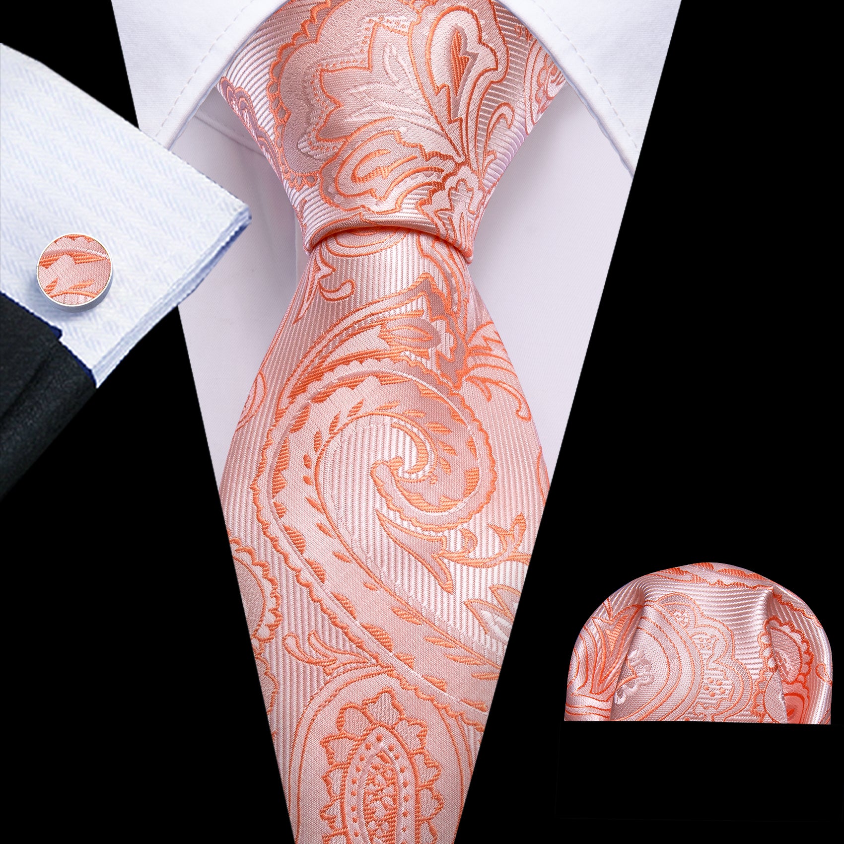Pink Orange Paisley Silk Tie Handkerchief Cufflinks Set