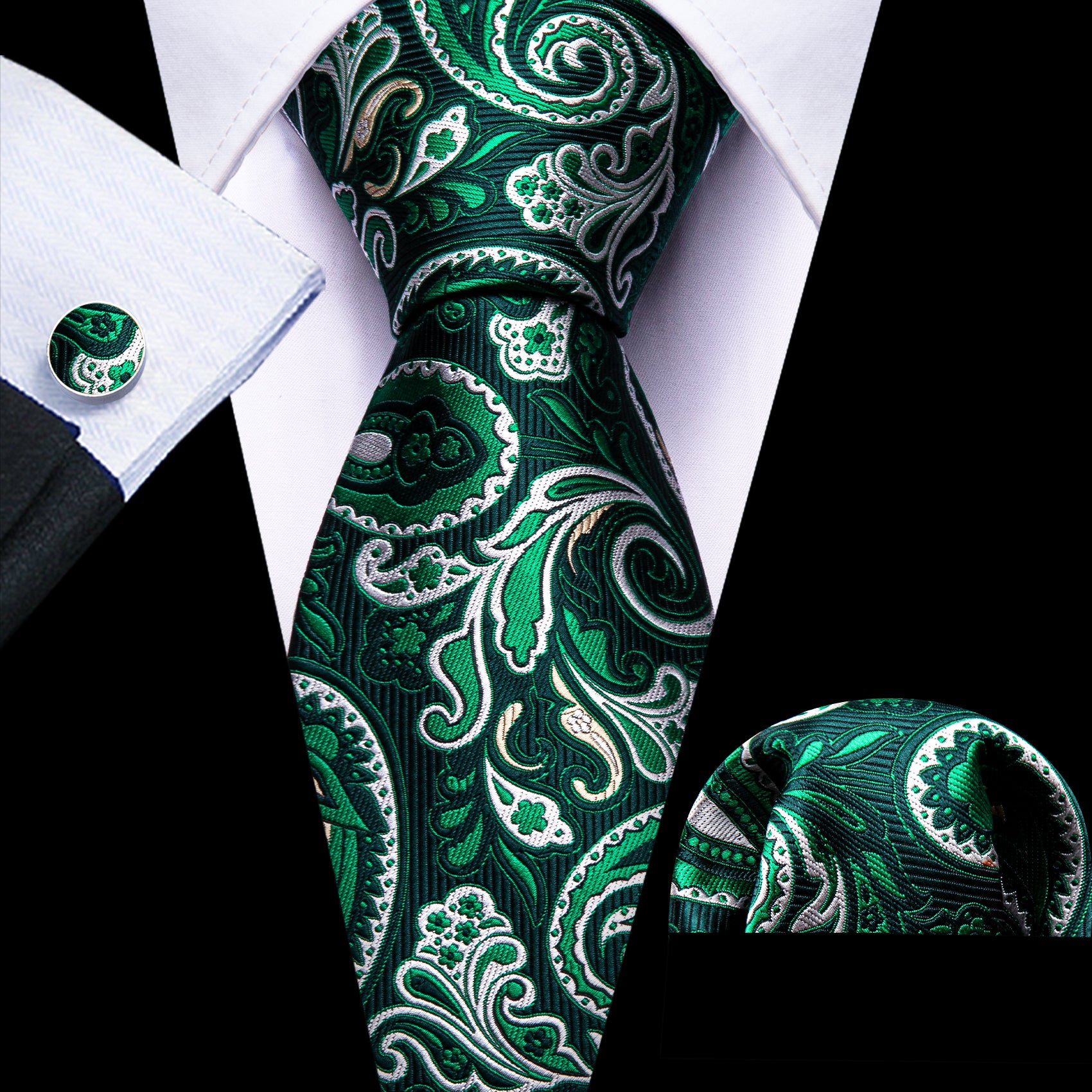 Green White Paisley Silk Necktie Pocket Square Cufflinks Set