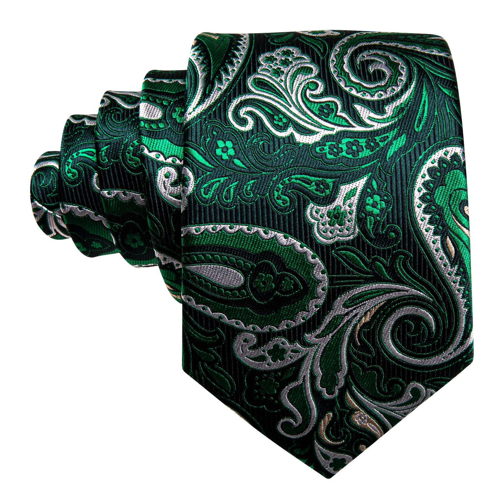 Barry Wang Green White Paisley Silk Necktie Pocket Square Cufflinks Set
