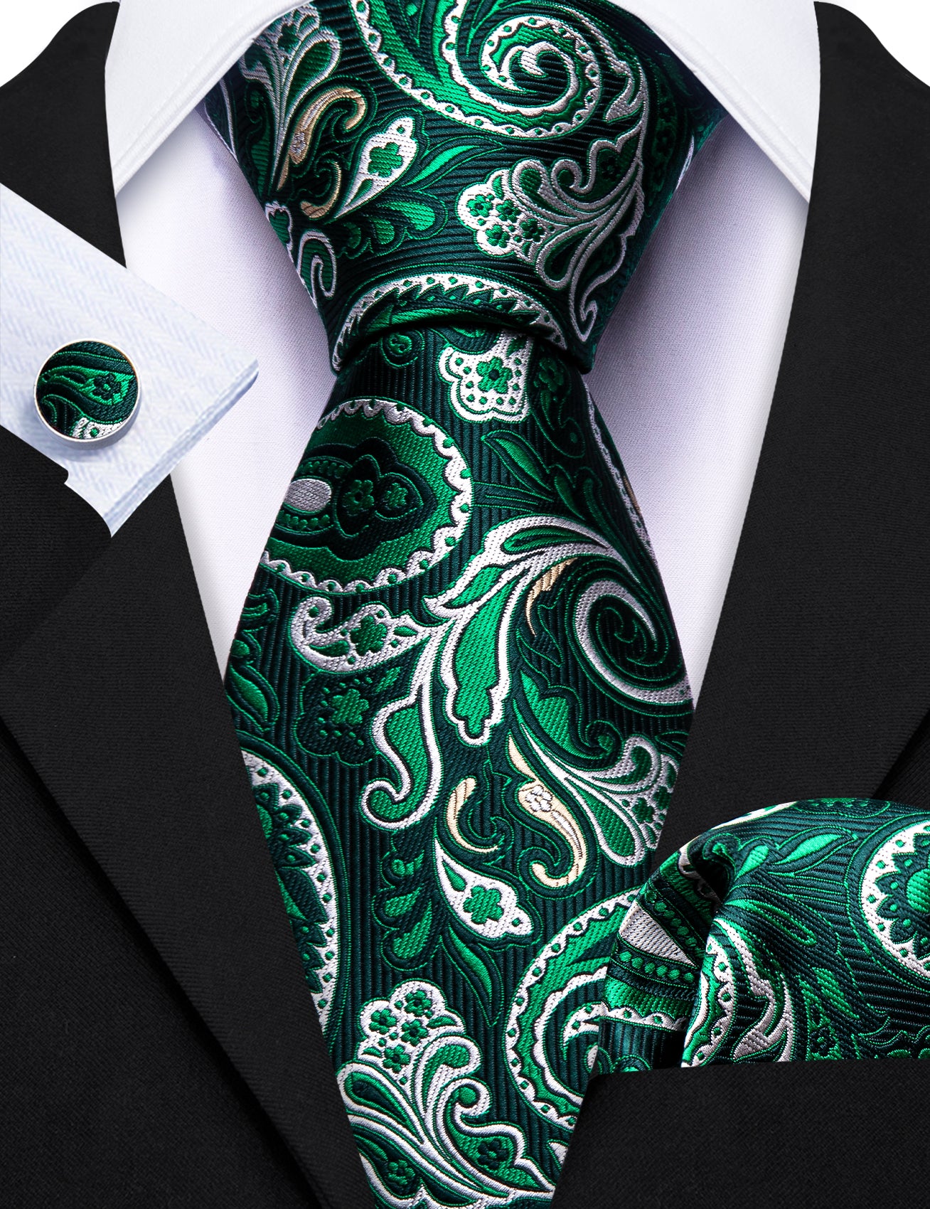 Barry Wang Green White Paisley Silk Necktie Pocket Square Cufflinks Set