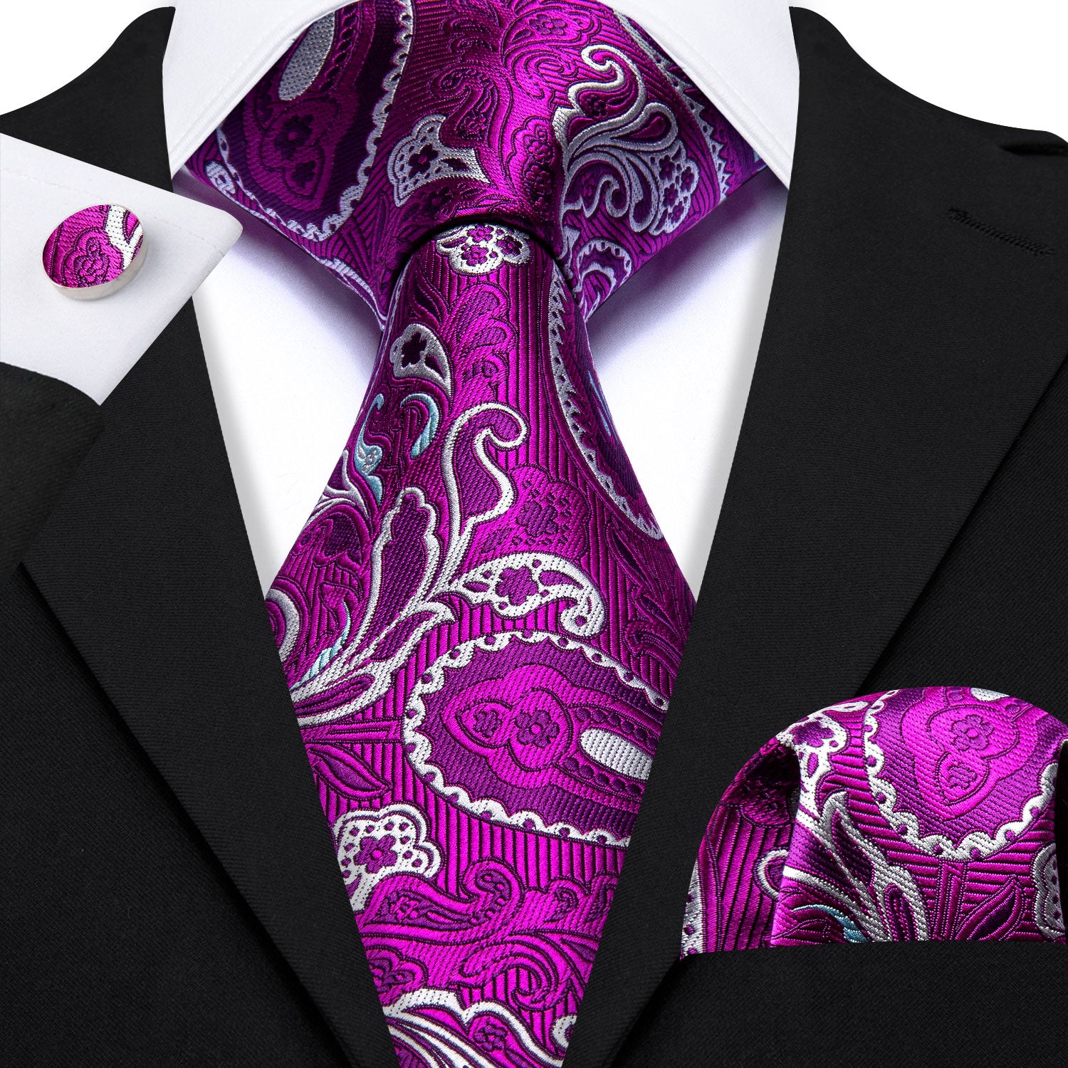 Purple White Paisley Silk Necktie Pocket Square Cufflinks Set