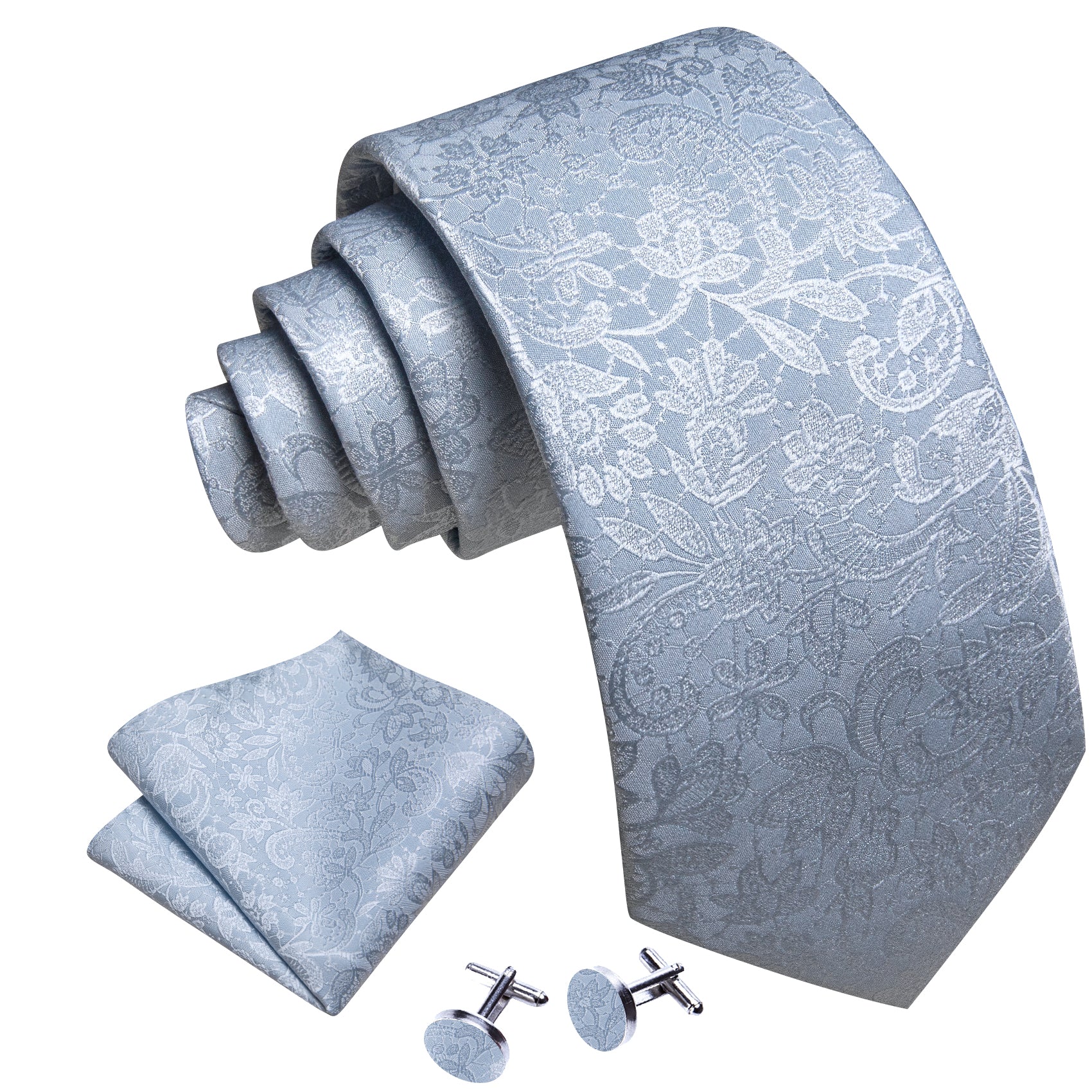 Mist Blue Paisley Silk Tie Pocket Square Cufflinks Set