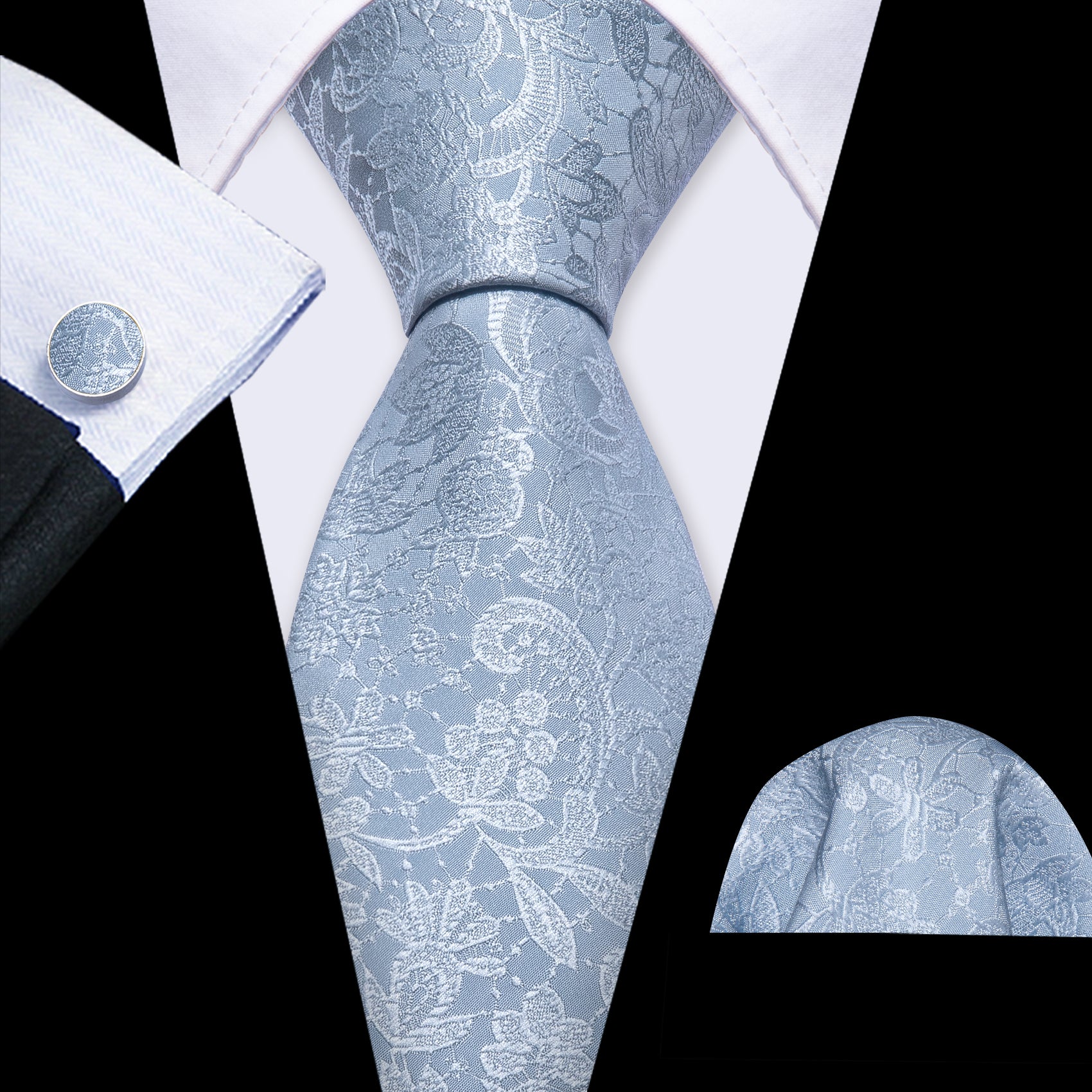 Mist Blue Paisley Silk Tie Pocket Square Cufflinks Set