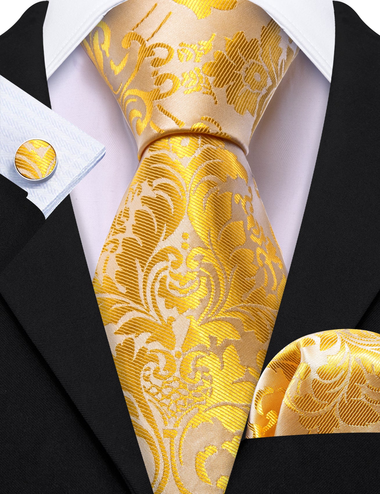 Yellow Gold Paisley Silk Necktie Pocket Square Cufflinks Set