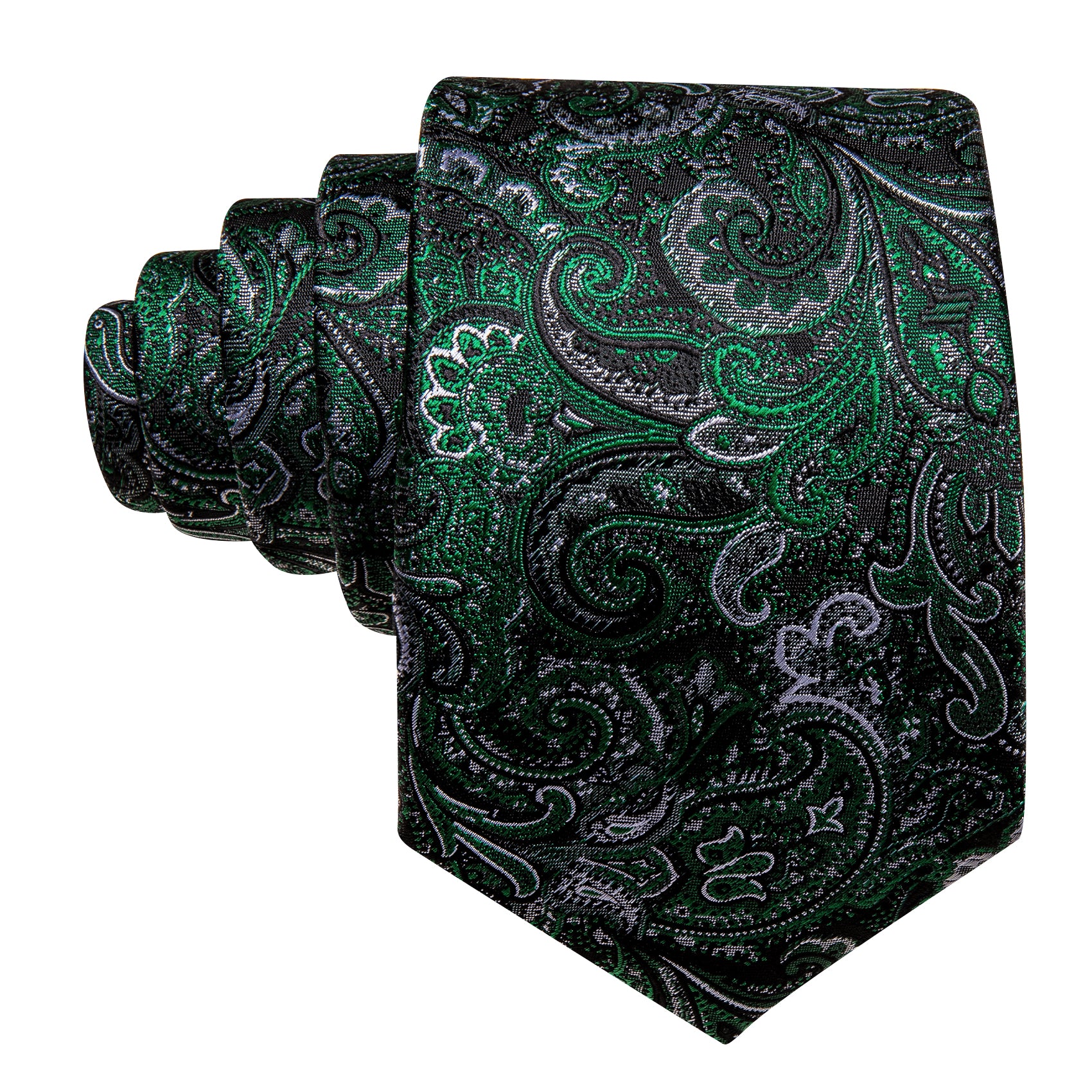 Mens Green Silver Paisley Tie Handkerchief Cufflinks Set
