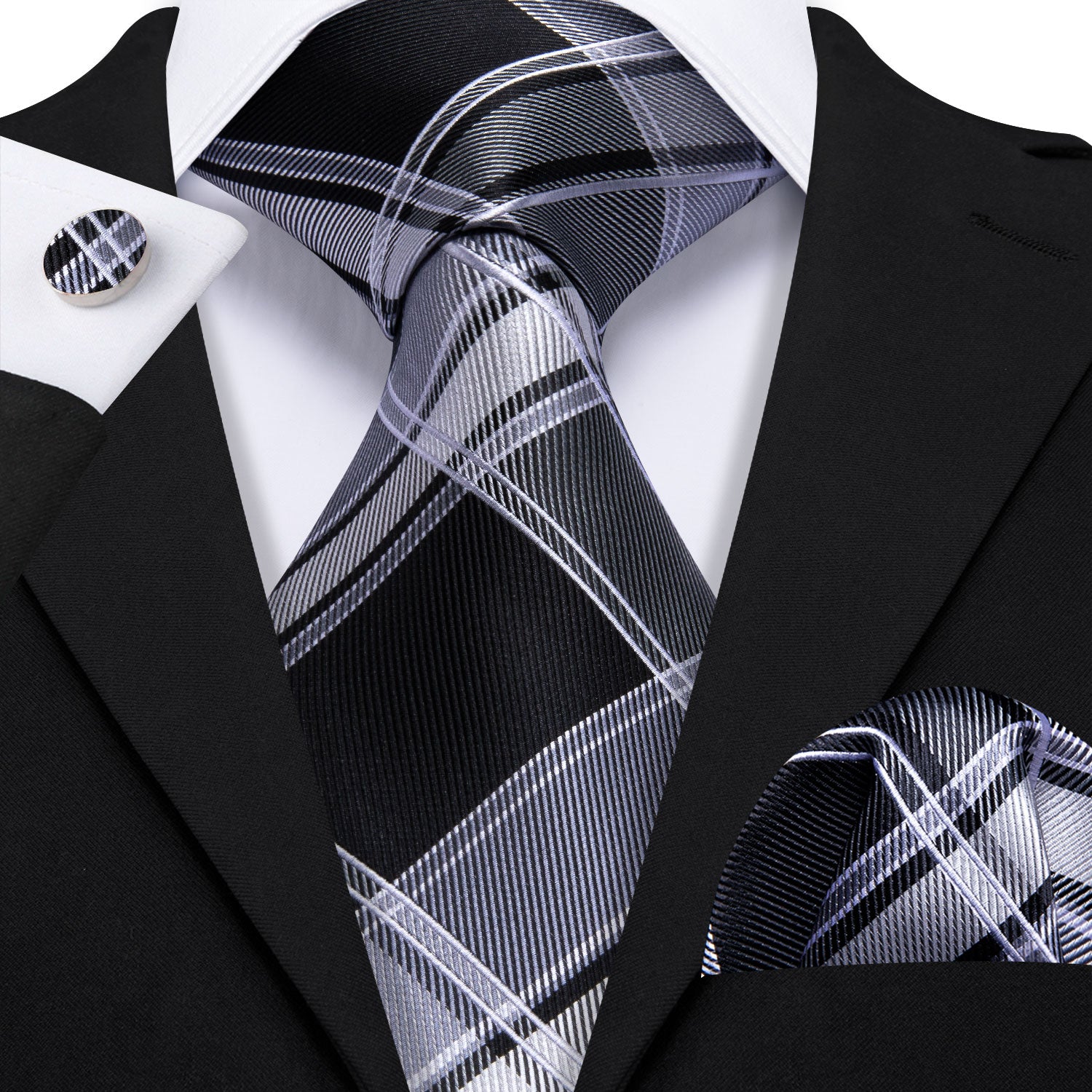 Black Grey Plaid Silk Tie Handkerchief Cufflinks Set