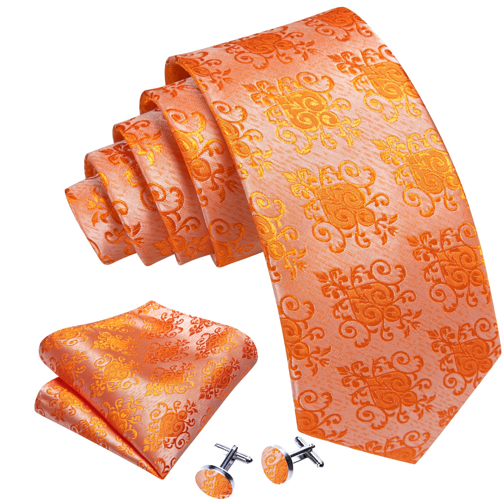 Orange Floral Silk Tie Handkerchief Cufflinks Set