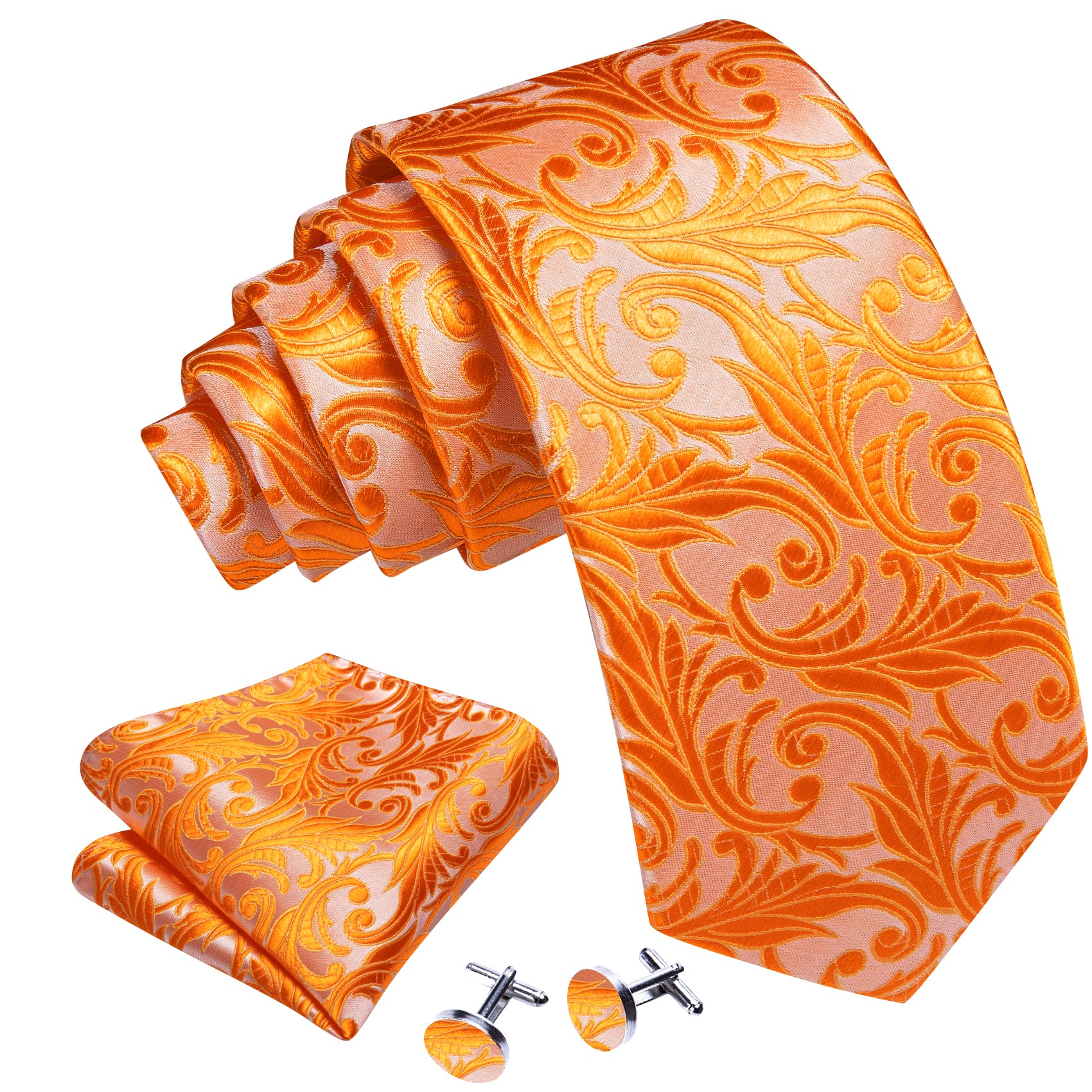Orange Pink Floral Silk Tie Handkerchief Cufflinks Set