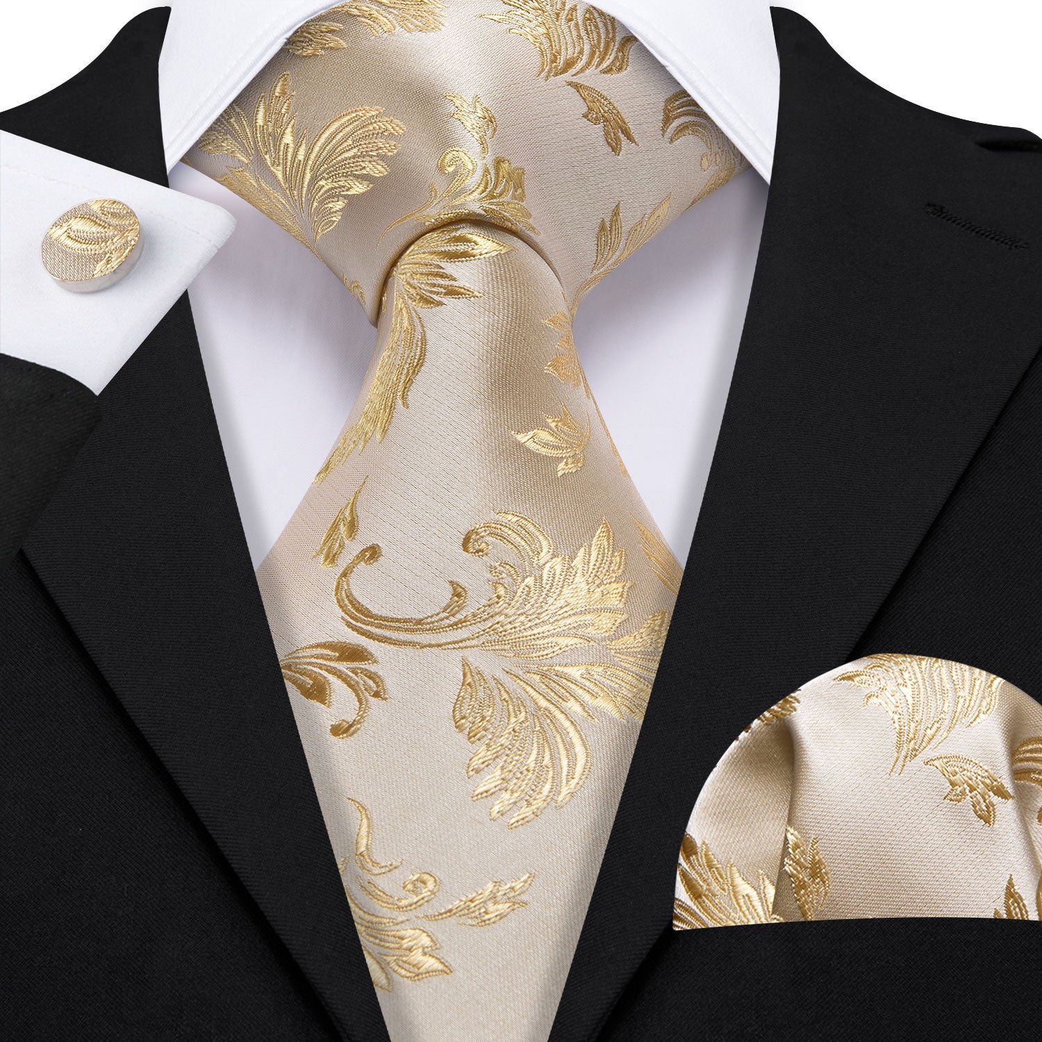 Linen Floral Silk Tie Handkerchief Cufflinks Set