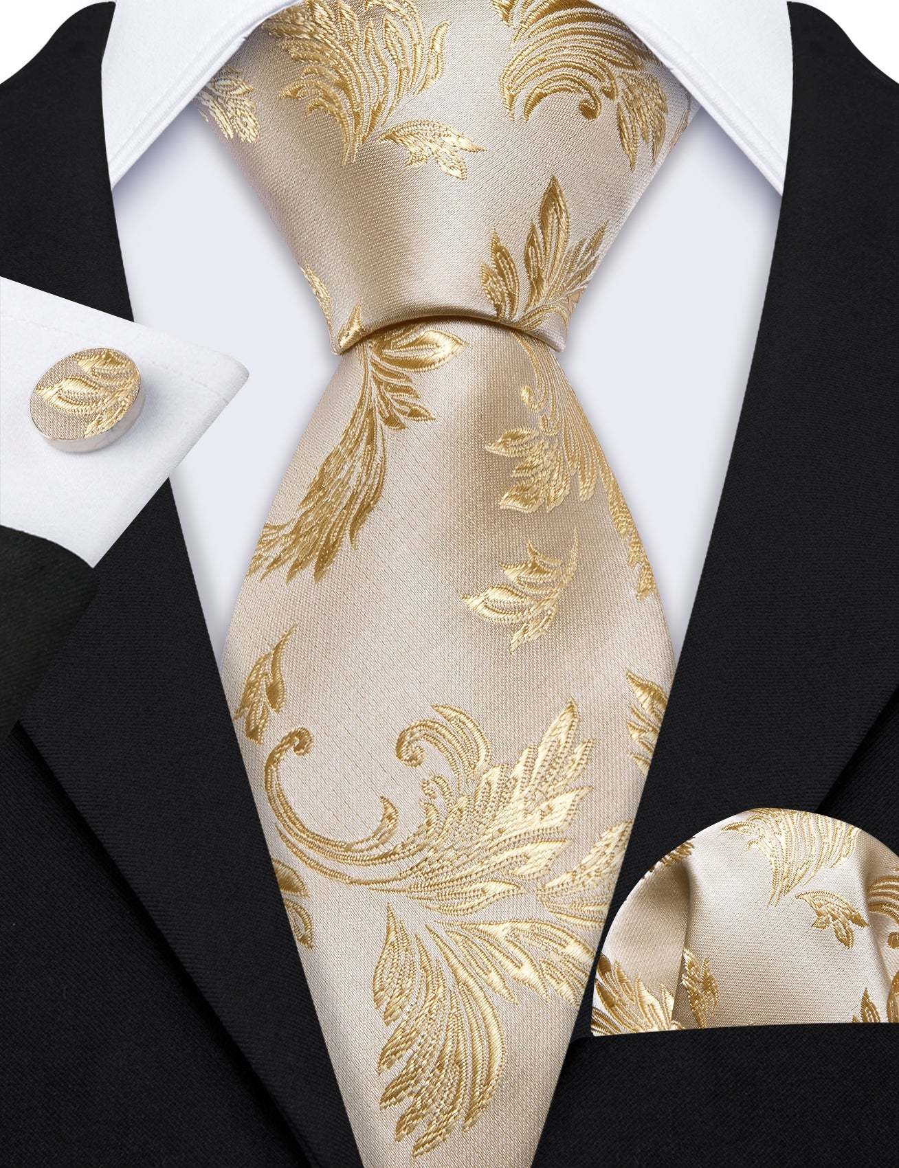 Linen Floral Silk Tie Handkerchief Cufflinks Set