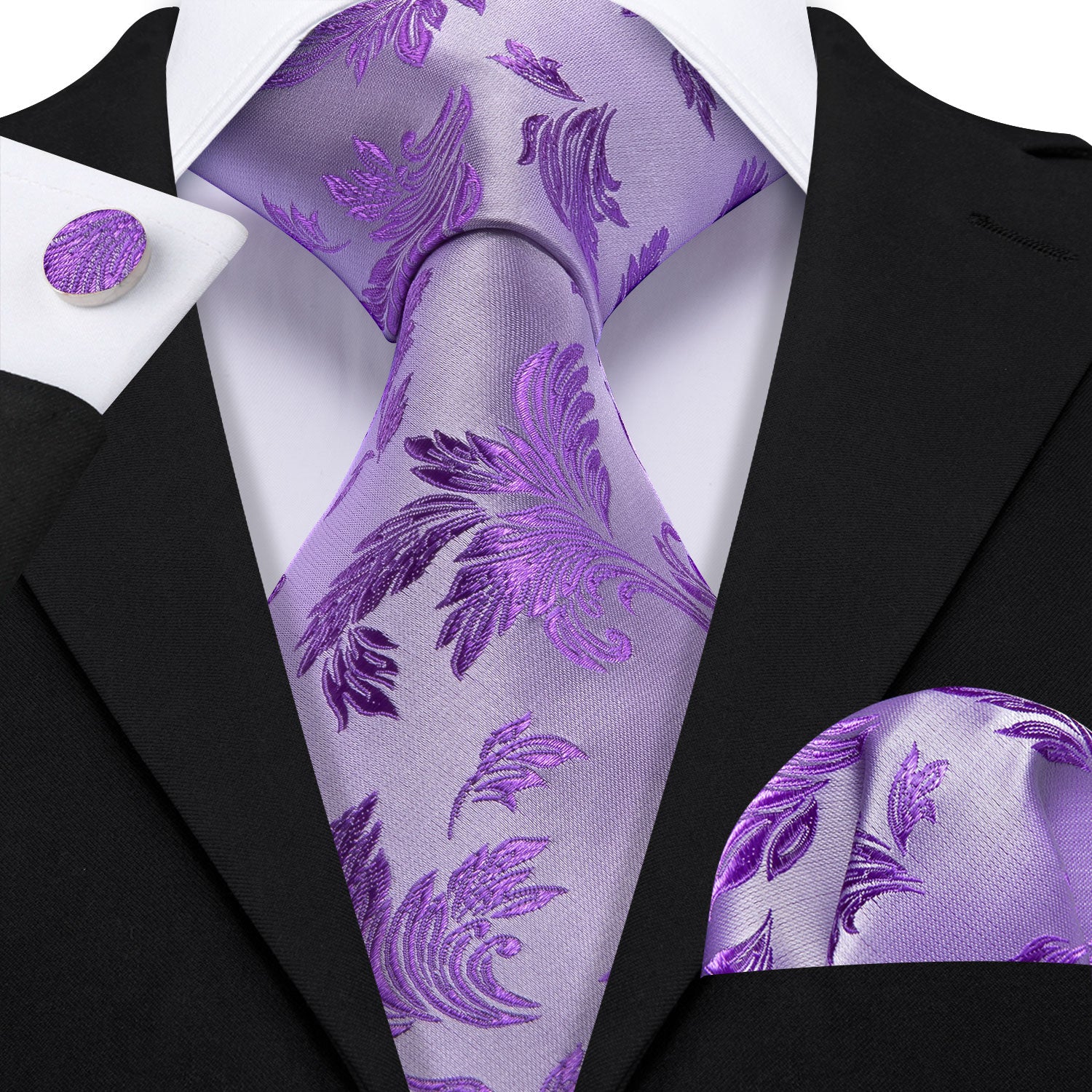 Purple Floral Silk Tie Handkerchief Cufflinks Set