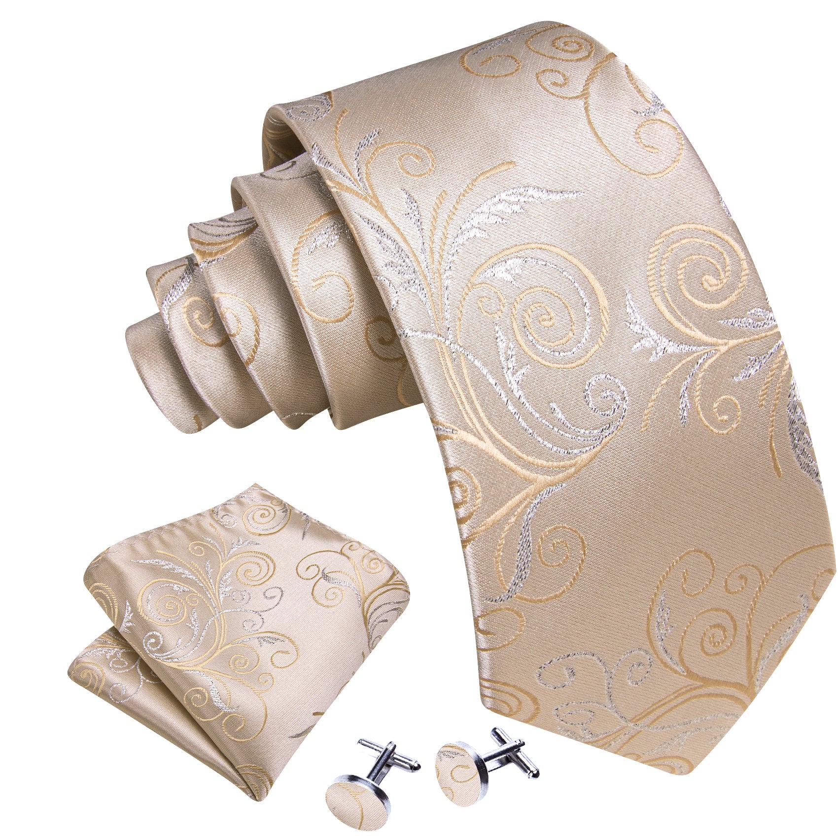 Seashell Print Flower Silk Tie Handkerchief Cufflinks Set