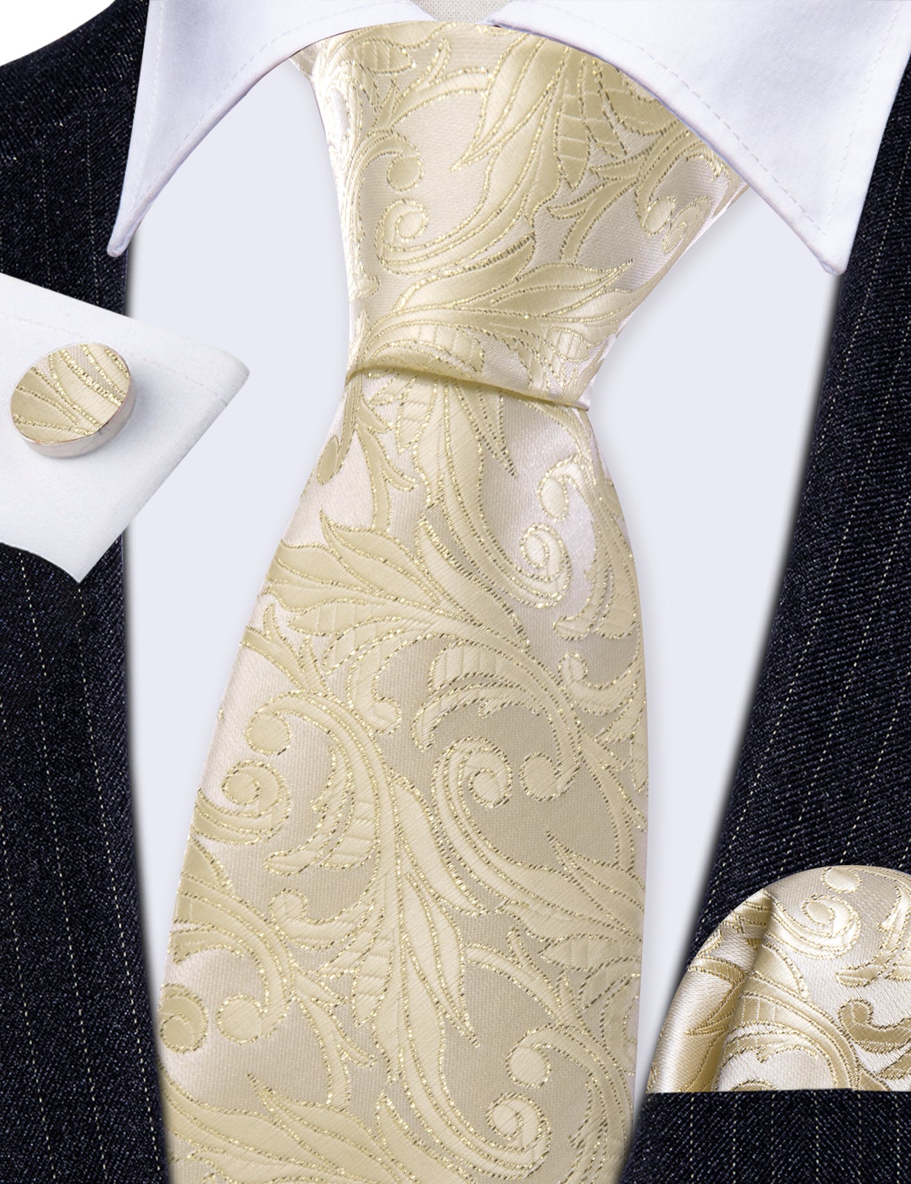 Lemon Chiffon Floral Silk Tie Handkerchief Cufflinks Set