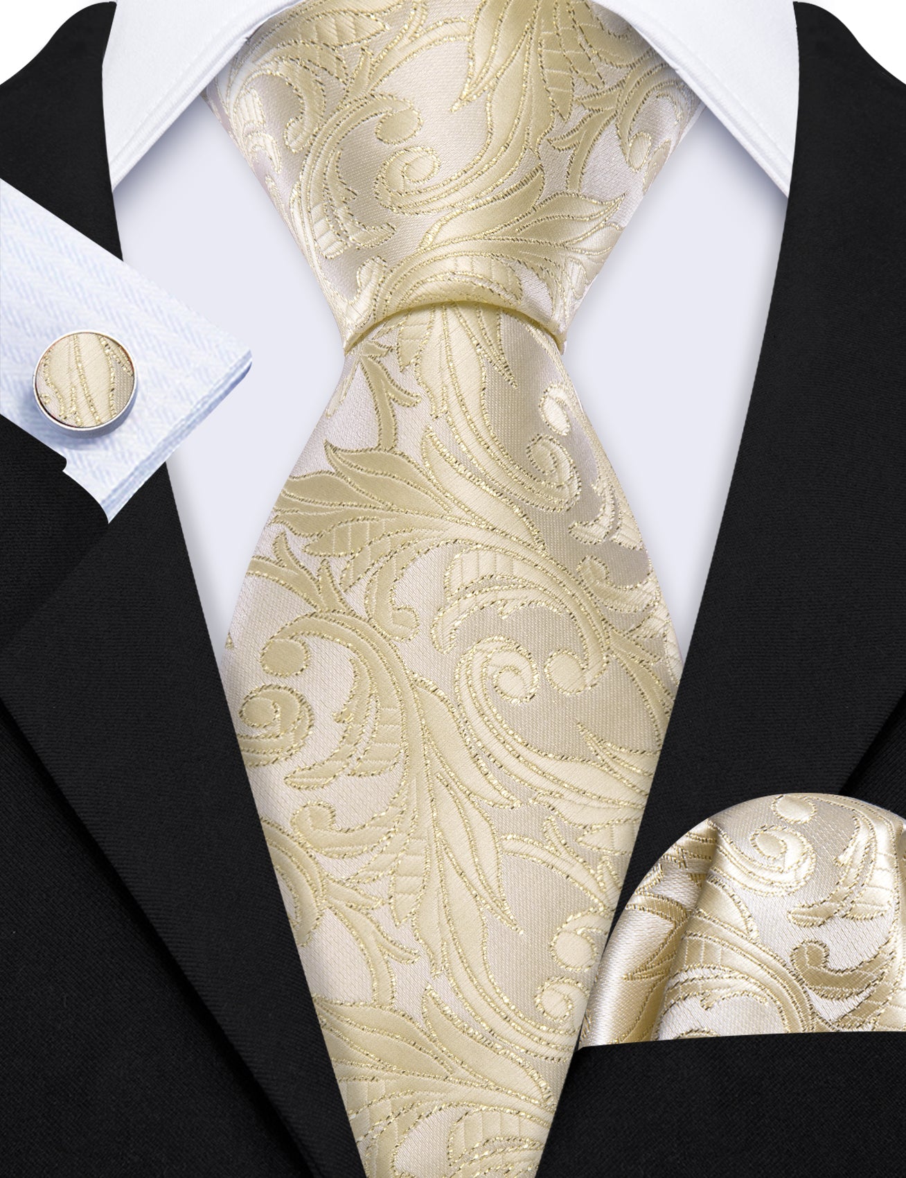 Lemon Chiffon Floral Silk Tie Handkerchief Cufflinks Set
