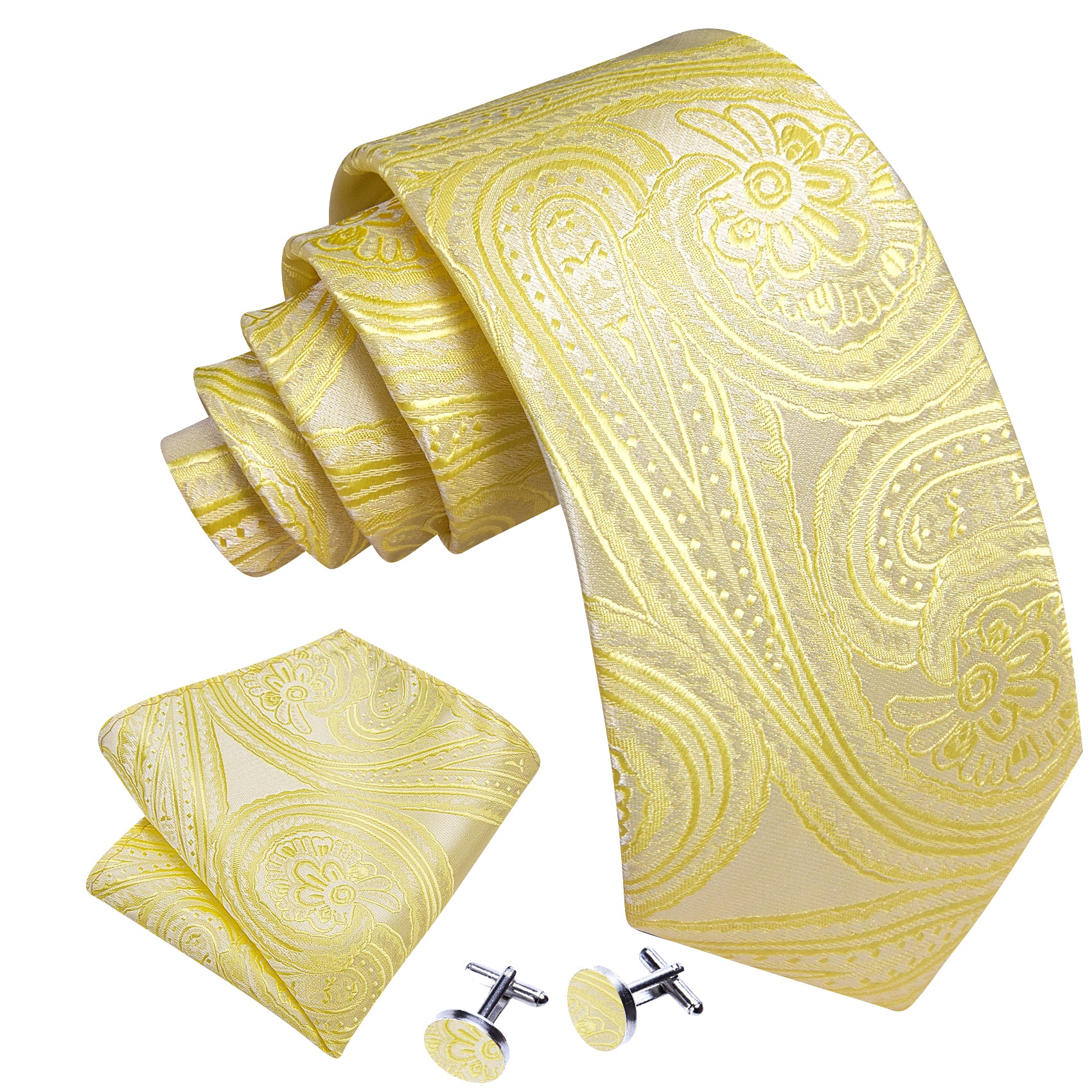 Yellow Paisley Silk Tie Handkerchief Cufflinks Set