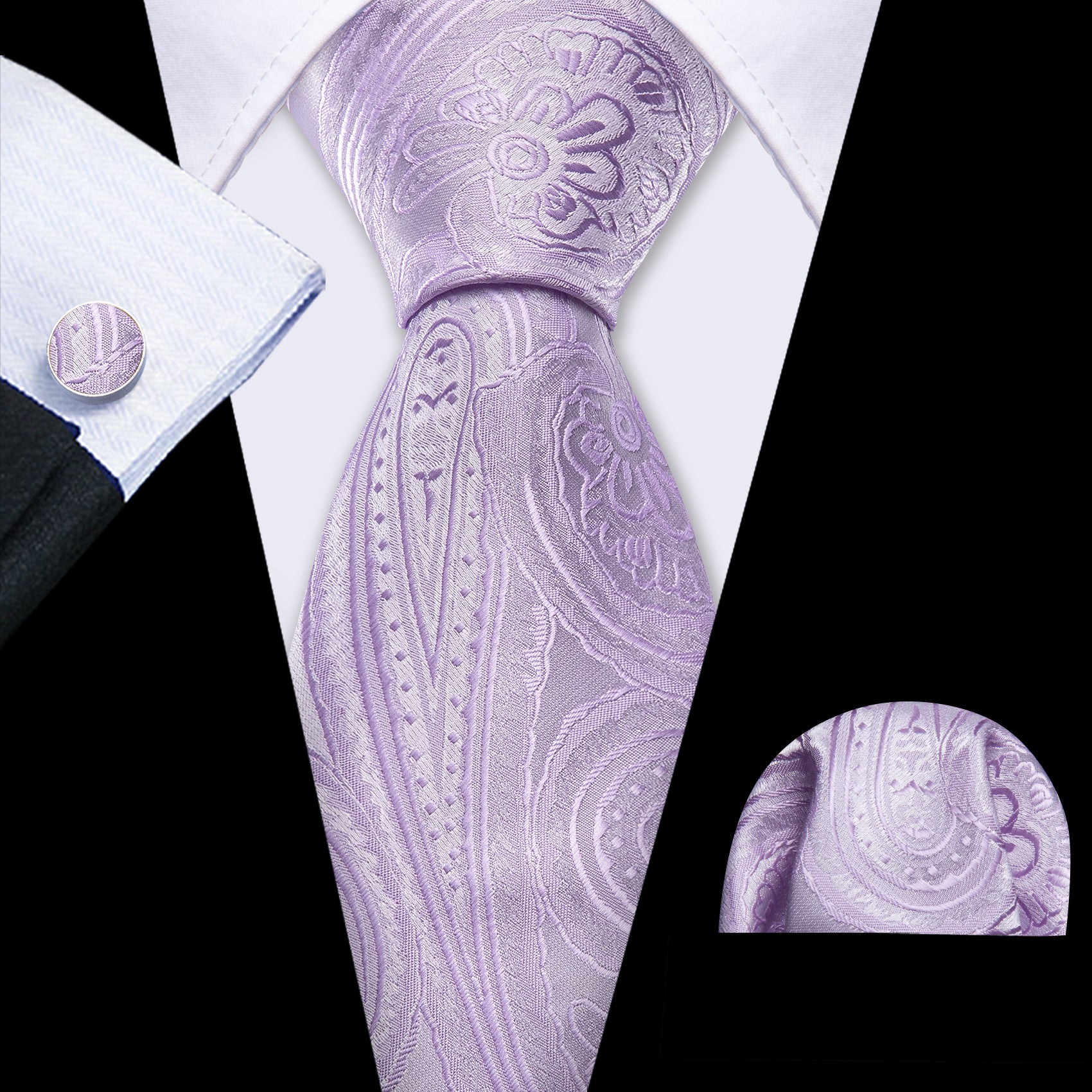 Mist Violet Paisley Silk Tie Handkerchief Cufflinks Set